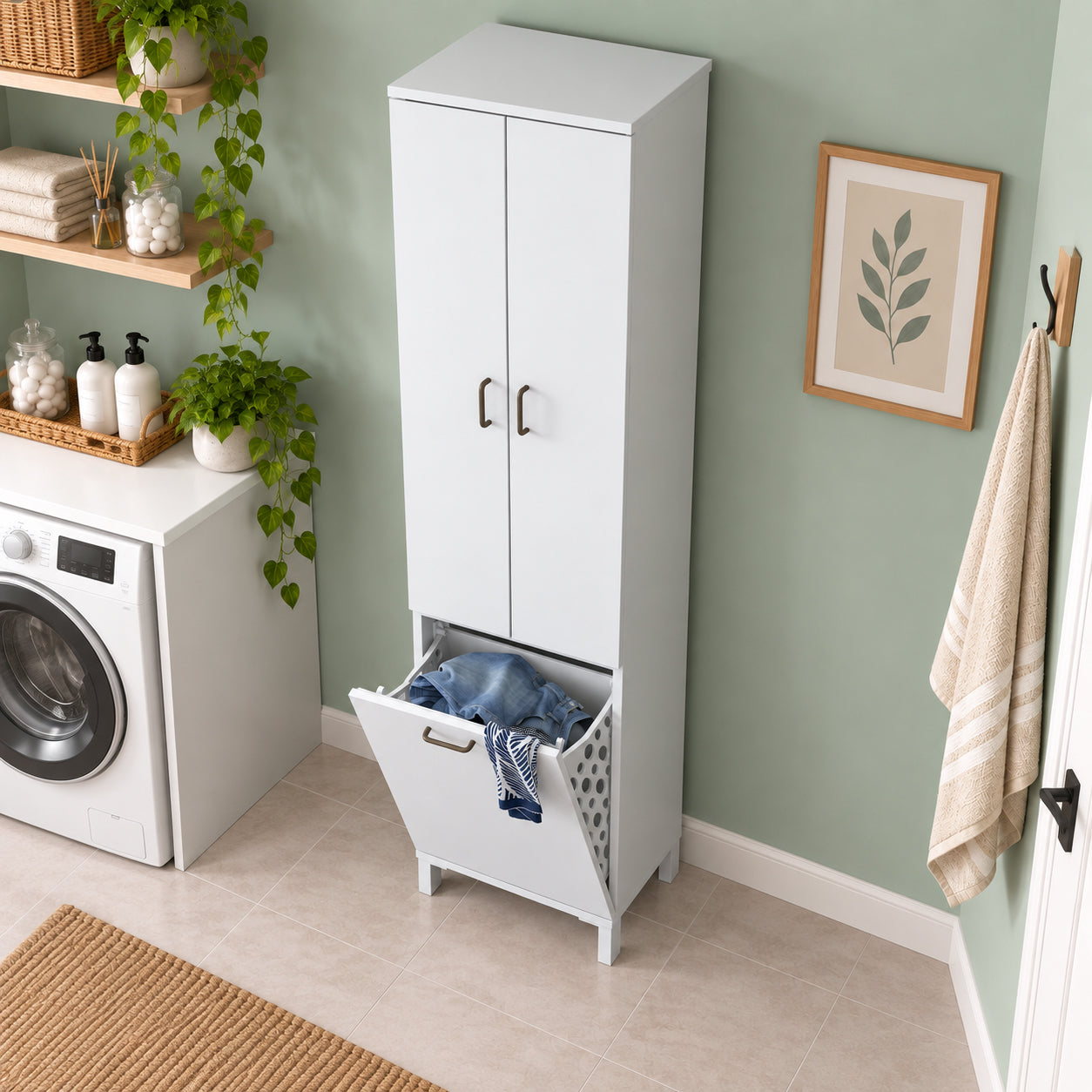 Rani KC119 Banyo Dolabı Düşer Kapaklı Raflı Çamaşır Sepeti Bölmeli Çok Amaçlı Dolap Beyaz