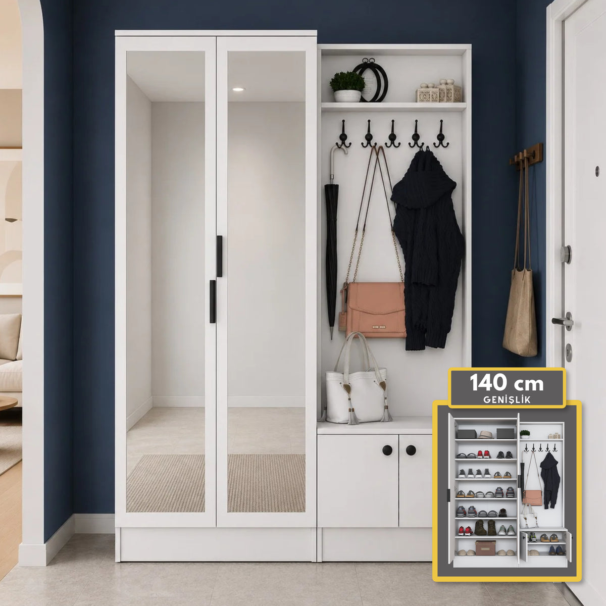 Rani EA175 Modern Portmanto 4 Kapaklı Aynalı Raflı Askılı Ayakkabılık Vestiyer Beyaz