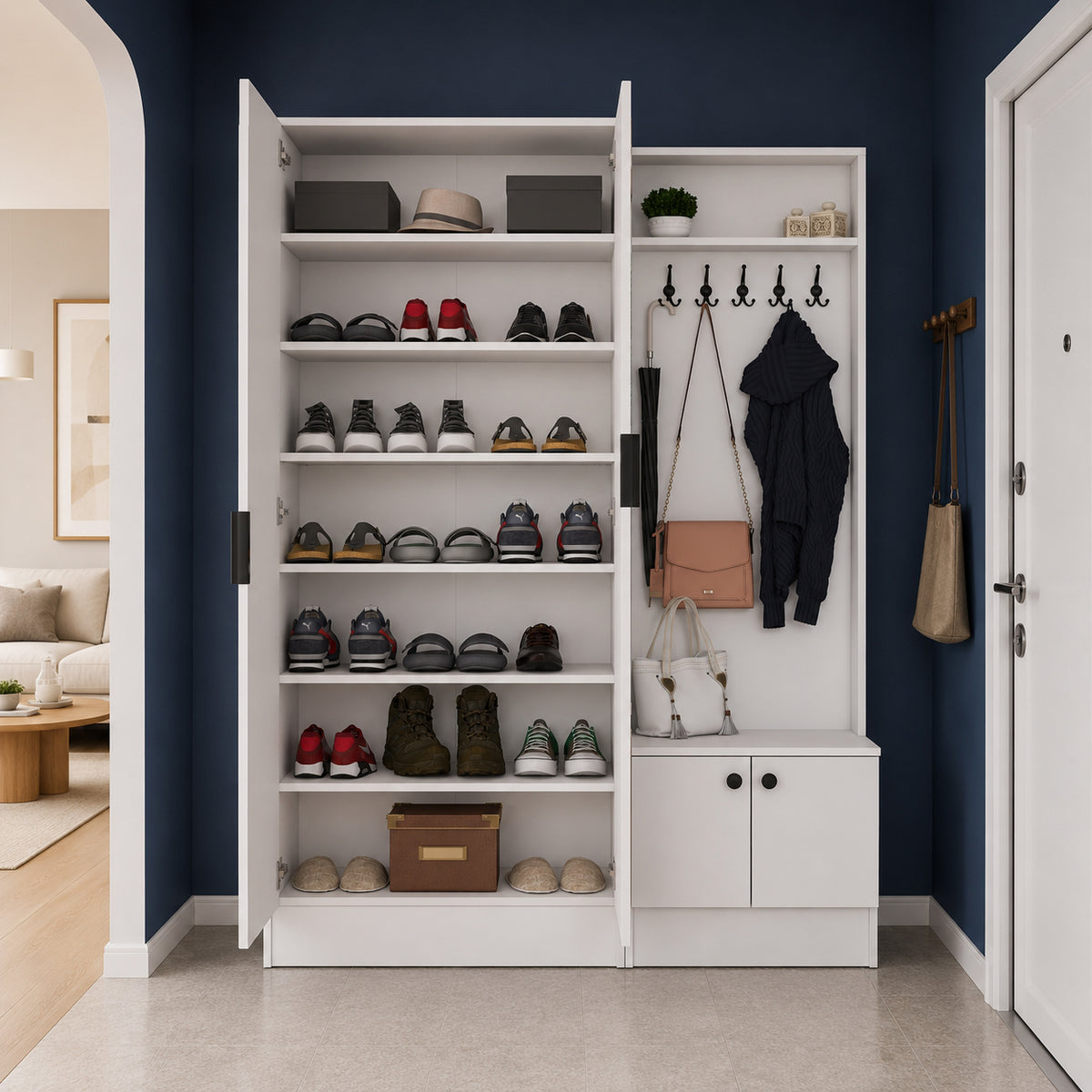 Rani EA175 Modern Portmanto 4 Kapaklı Aynalı Raflı Askılı Ayakkabılık Vestiyer Beyaz