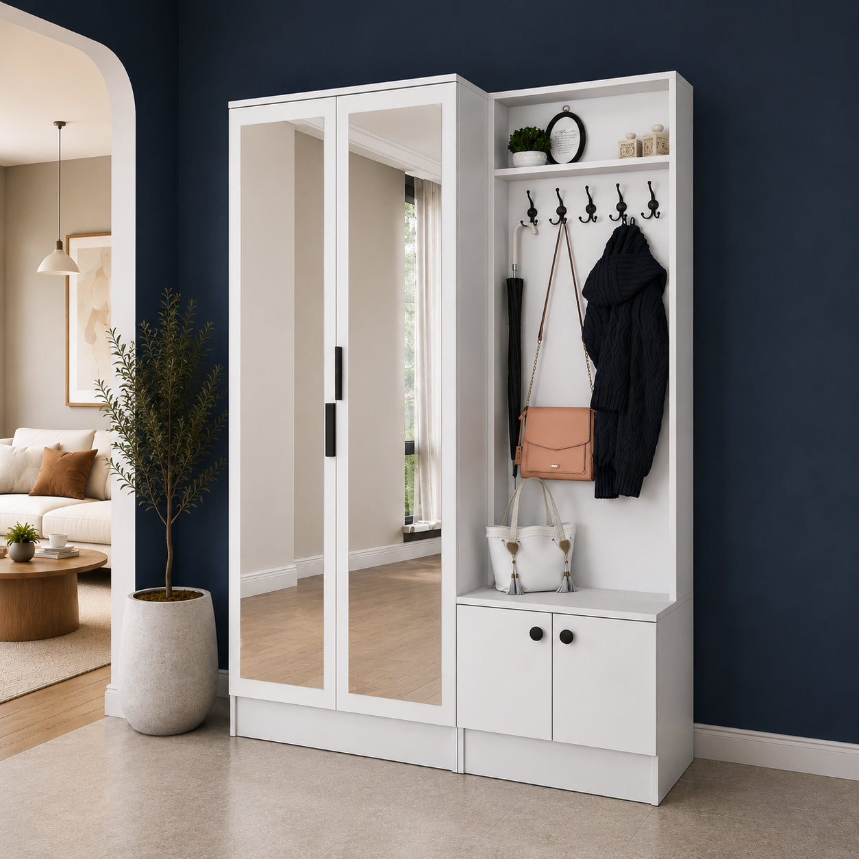 Rani EA175 Modern Portmanto 4 Kapaklı Aynalı Raflı Askılı Ayakkabılık Vestiyer Beyaz