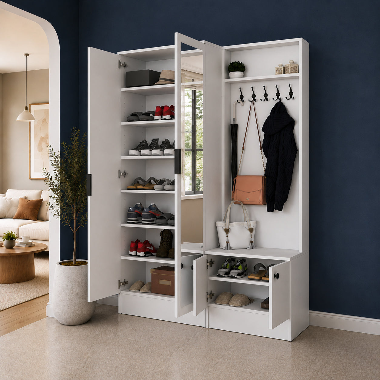 Rani EA175 Modern Portmanto 4 Kapaklı Aynalı Raflı Askılı Ayakkabılık Vestiyer Beyaz