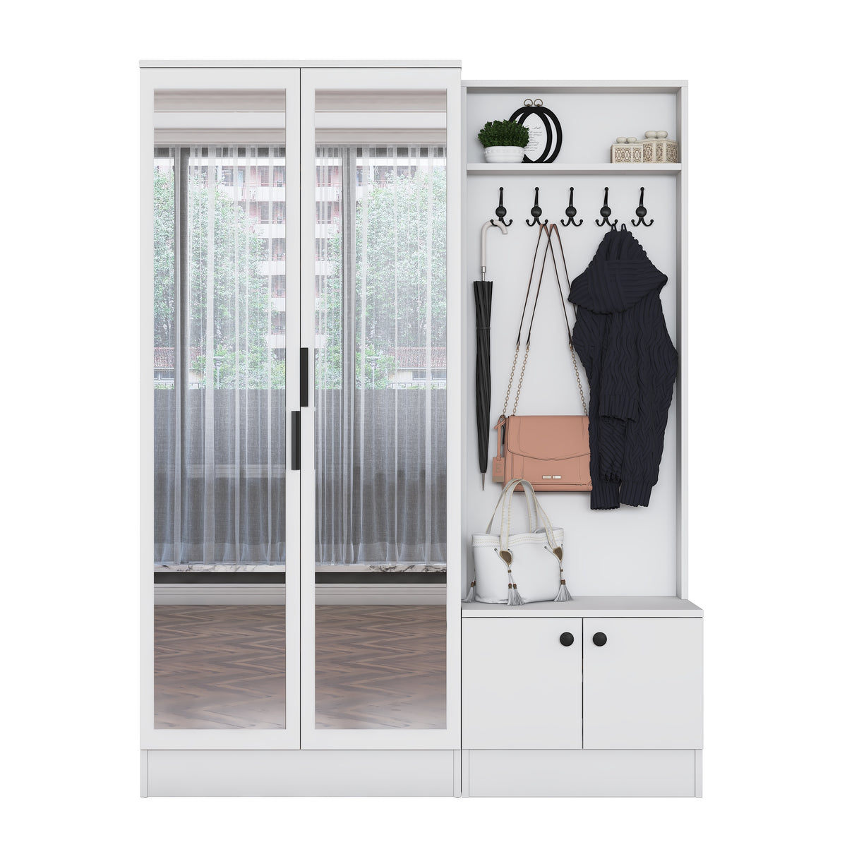 Rani EA175 Modern Portmanto 4 Kapaklı Aynalı Raflı Askılı Ayakkabılık Vestiyer Beyaz
