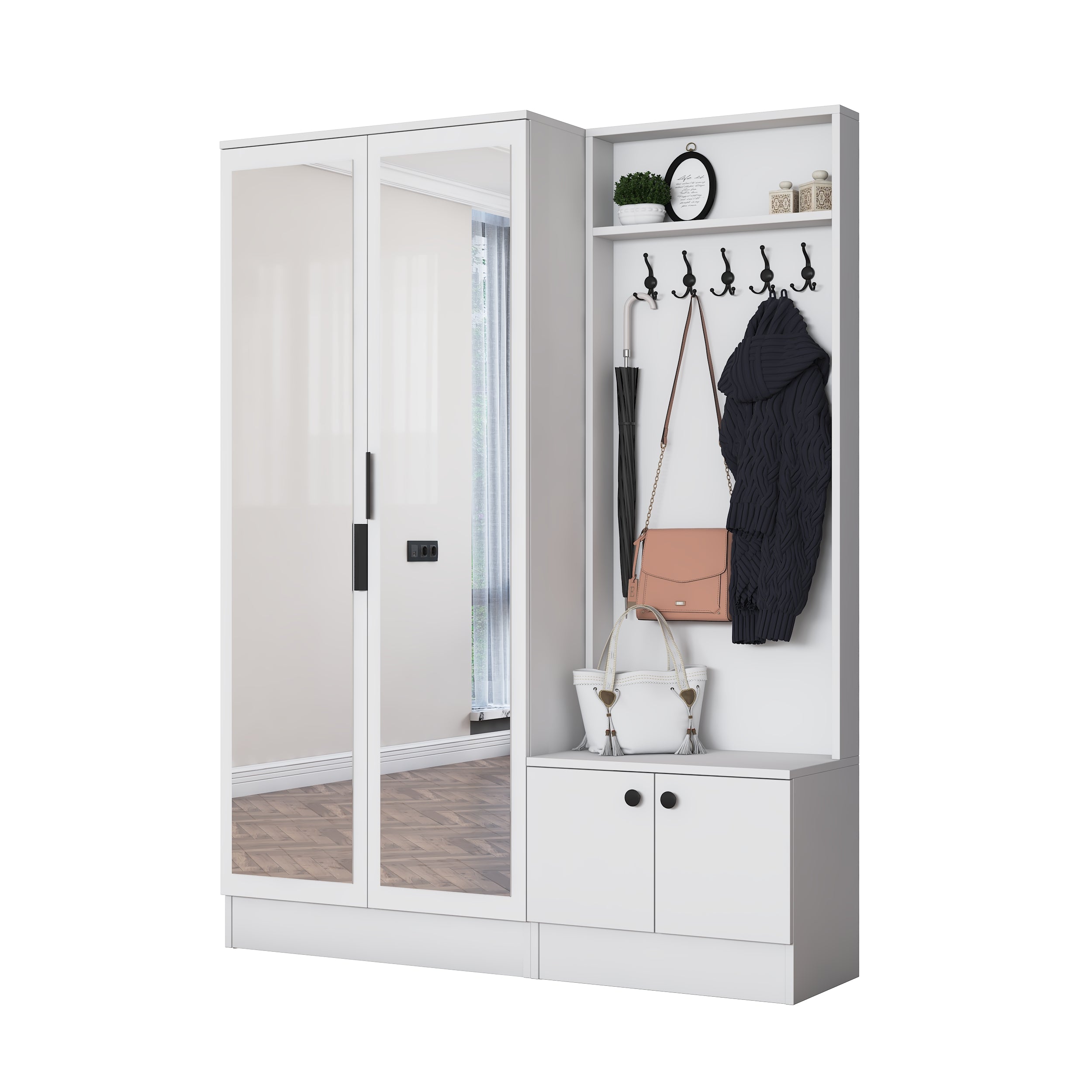 Rani EA175 Modern Portmanto 4 Kapaklı Aynalı Raflı Askılı Ayakkabılık Vestiyer Beyaz