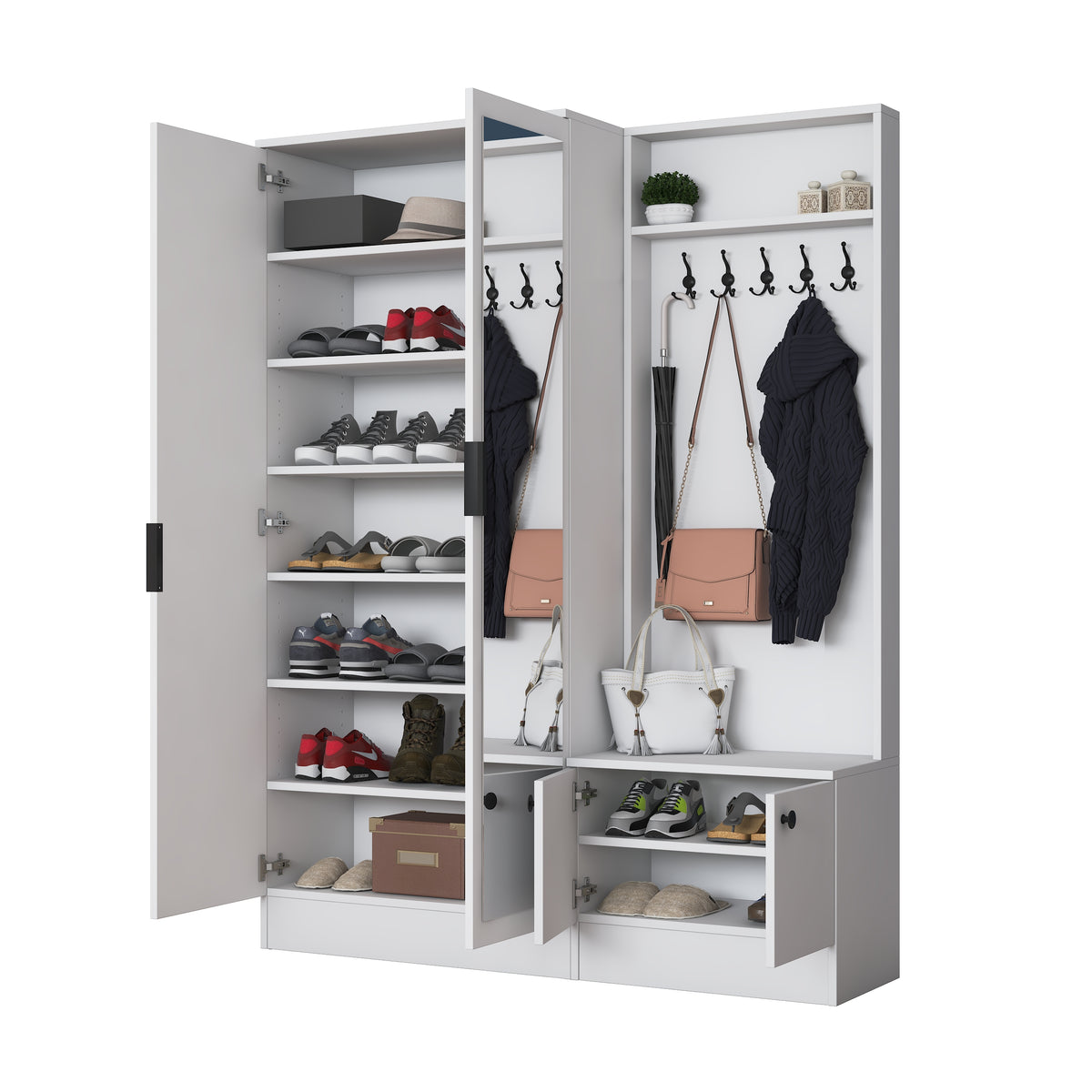 Rani EA175 Modern Portmanto 4 Kapaklı Aynalı Raflı Askılı Ayakkabılık Vestiyer Beyaz