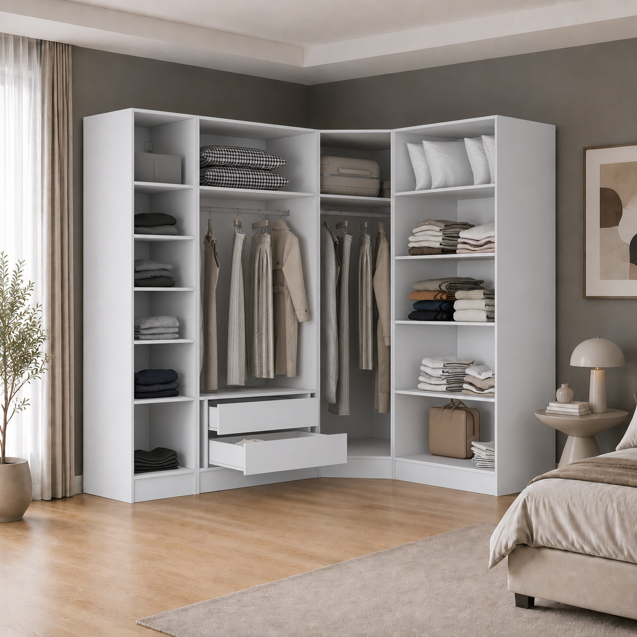 Rani BA381 Modüler Gardırop 5 Kapaklı Raflı Askılı Çekmeceli Elbise Dolabı Beyaz