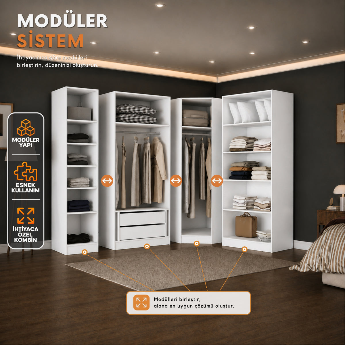 Rani BA381 Modüler Gardırop 5 Kapaklı Raflı Askılı Çekmeceli Elbise Dolabı Beyaz