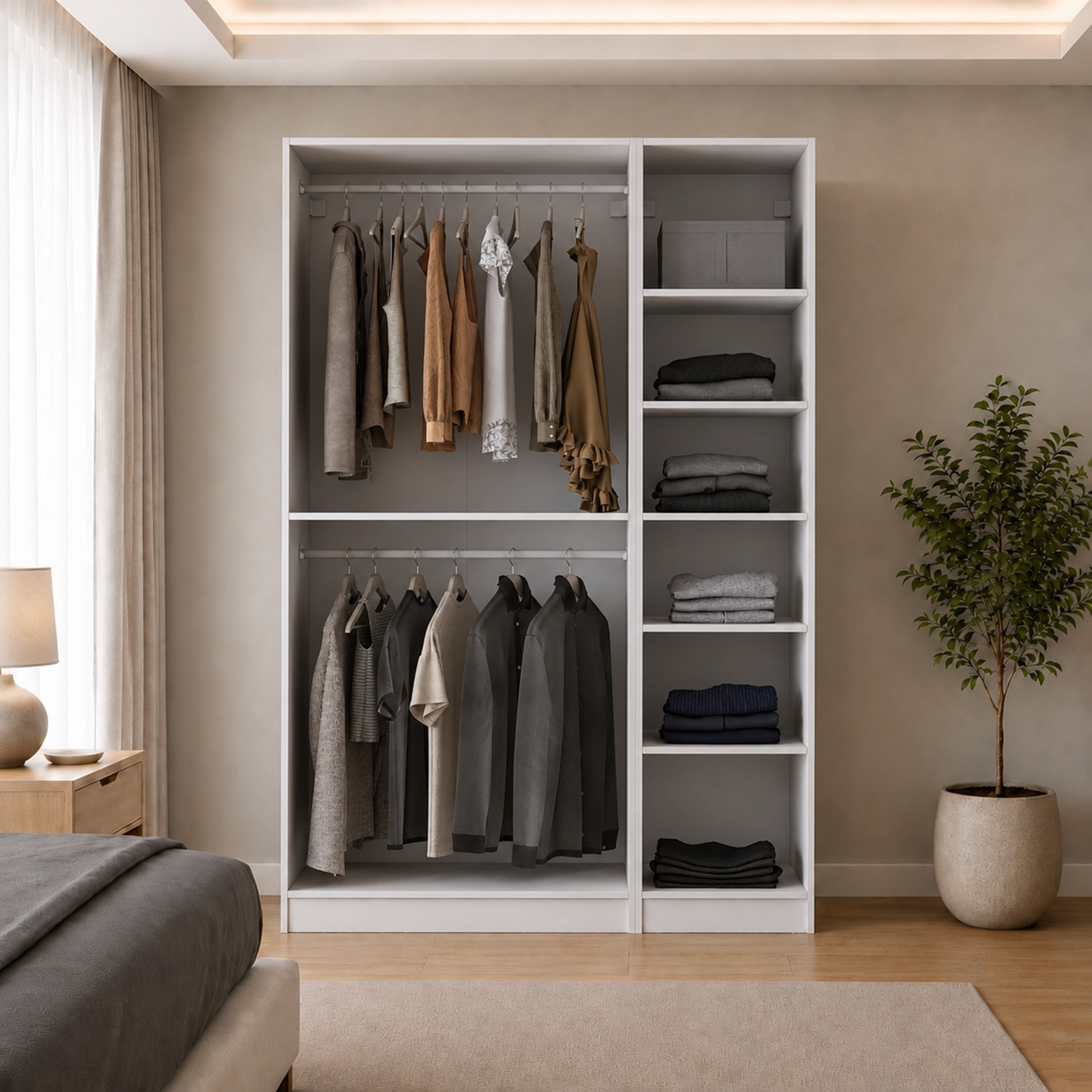 Rani BA379 Membran Kapaklı Modüler Gardırop 3 Kapaklı Raflı Askılı Elbise Dolabı Beyaz