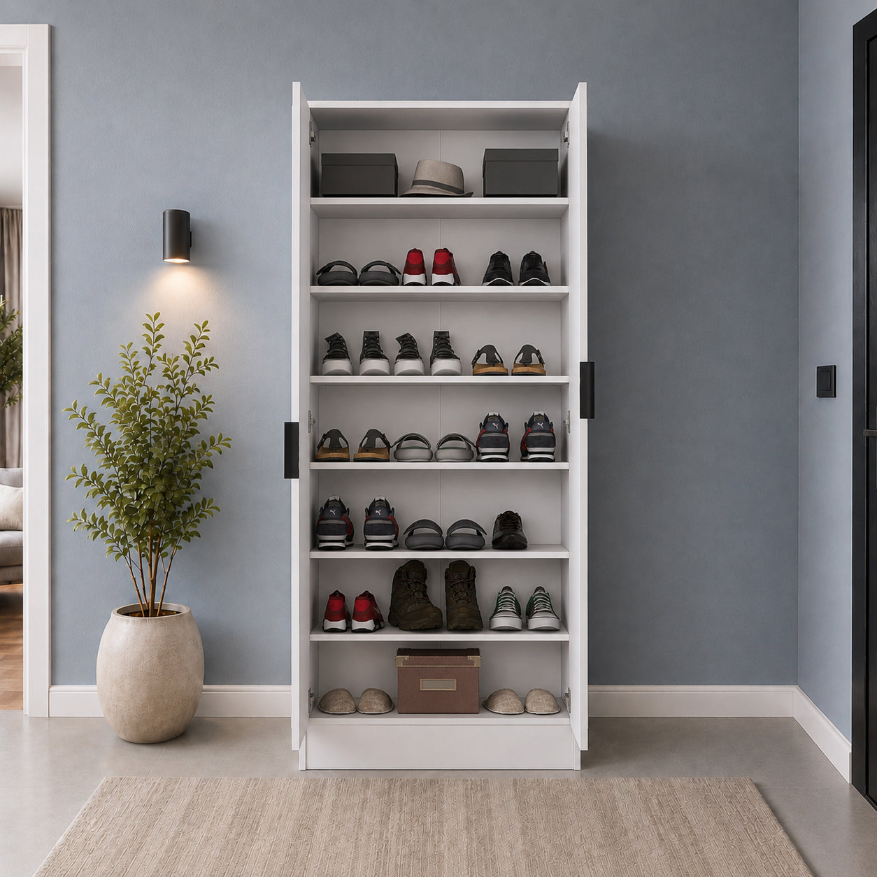 Rani EA163 Modern Portmanto 2 Kapaklı Aynalı Raflı Ayakkabılık Vestiyer Beyaz