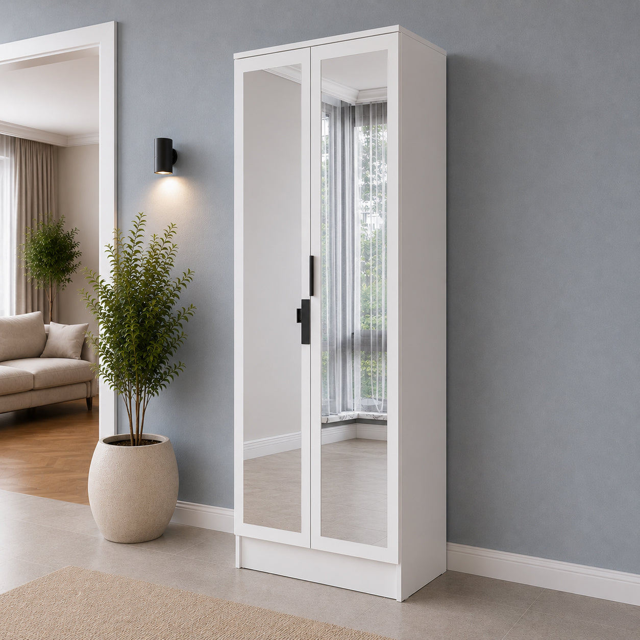 Rani EA163 Modern Portmanto 2 Kapaklı Aynalı Raflı Ayakkabılık Vestiyer Beyaz