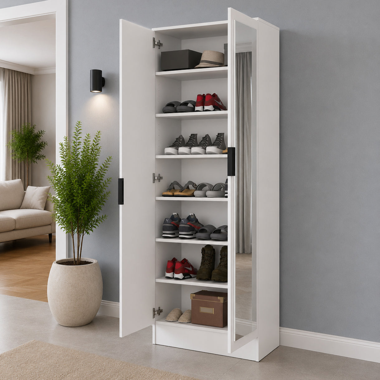 Rani EA163 Modern Portmanto 2 Kapaklı Aynalı Raflı Ayakkabılık Vestiyer Beyaz