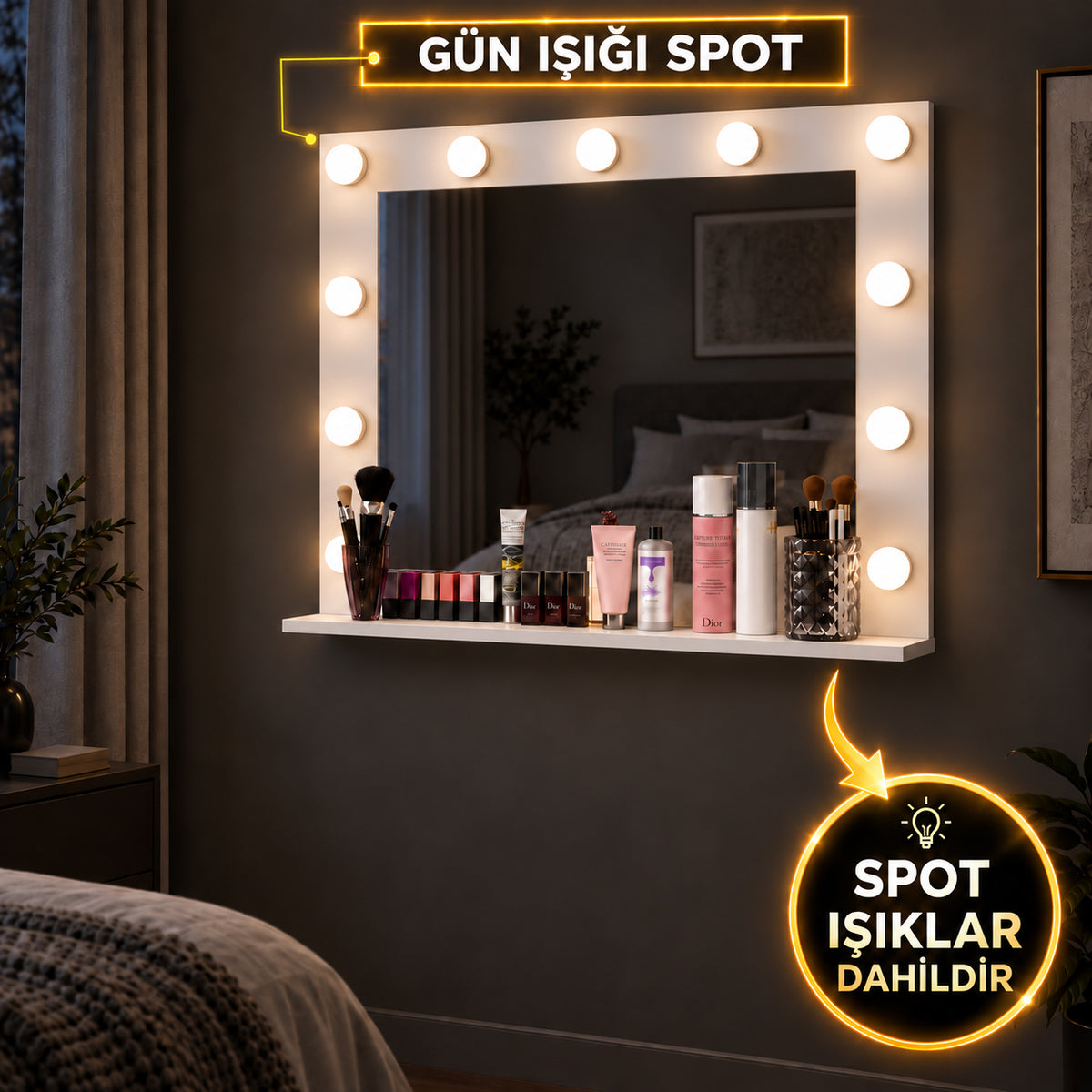 Rani EF114 Hollywood Işıklı Ayna Kulis Makyaj Aynası Günışığı Spot Işıklı