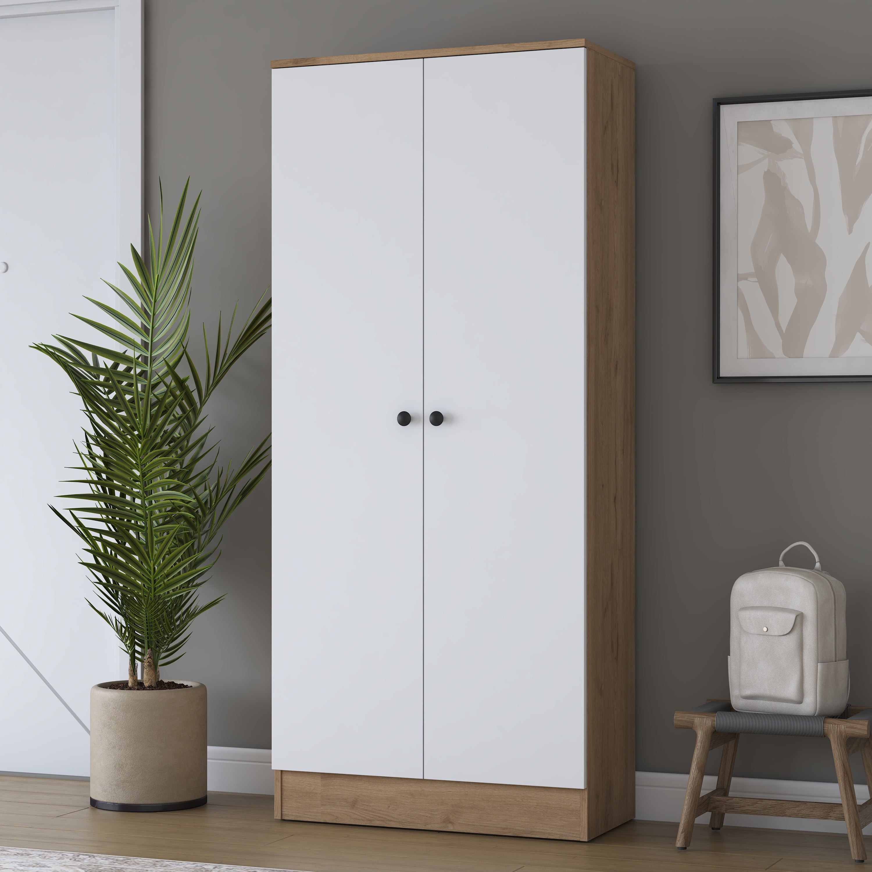 Rani EA148 Modern Portmanto 2 Kapaklı Raflı Ayakkabılık Vestiyer Sepet Ceviz - Beyaz