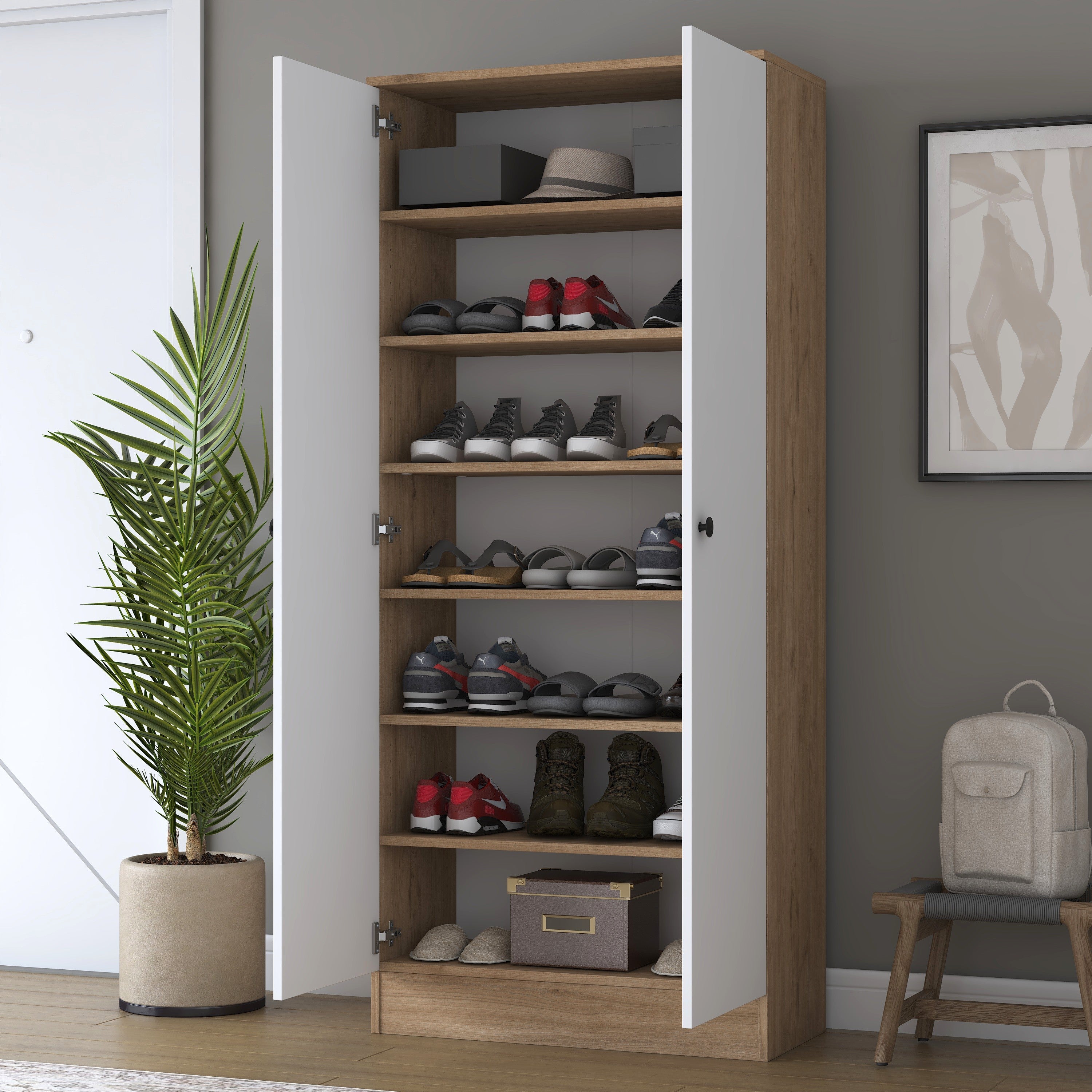 Rani EA148 Modern Portmanto 2 Kapaklı Raflı Ayakkabılık Vestiyer Sepet Ceviz - Beyaz