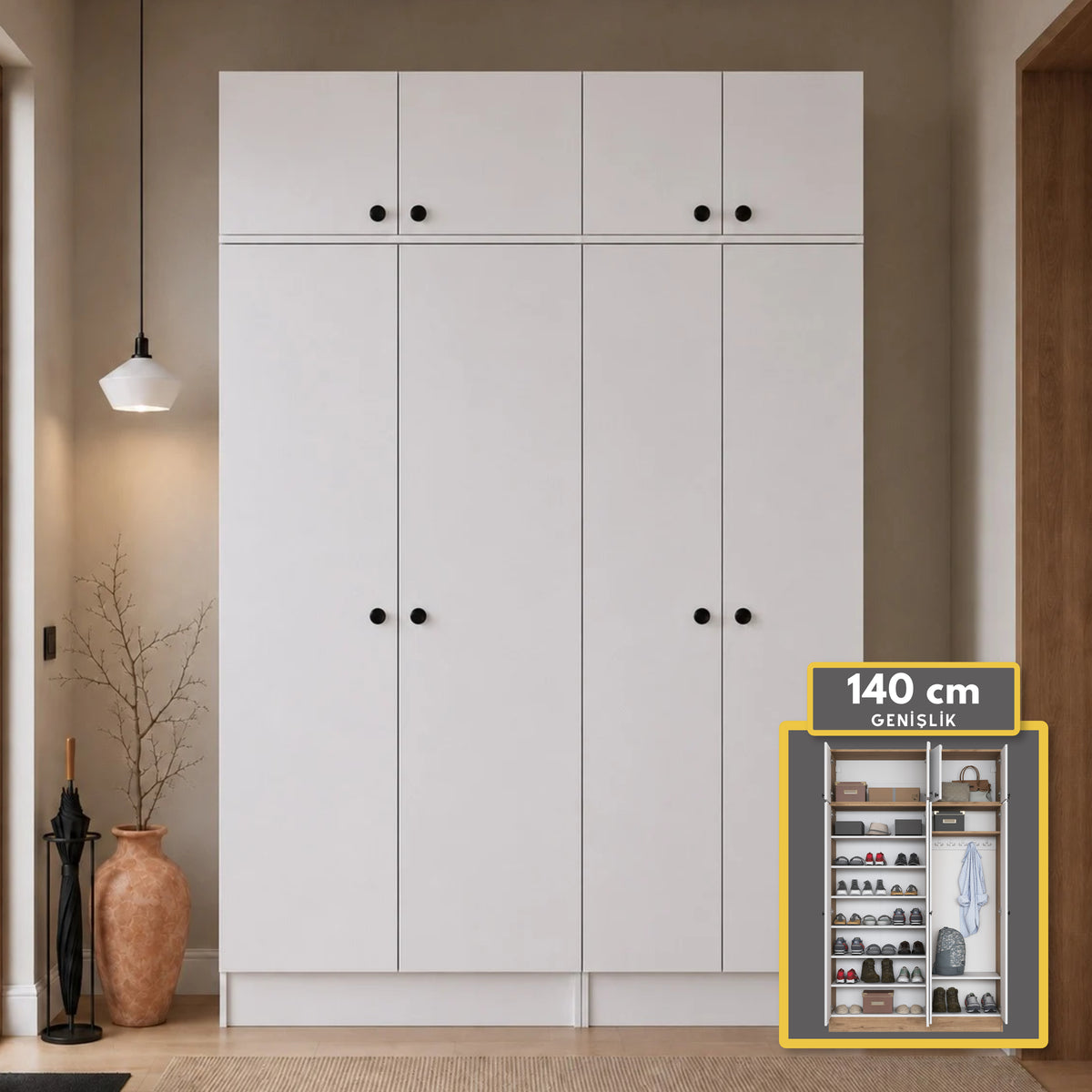 Rani EA168 Modern Portmanto 8 Kapaklı Raflı Askılı Ayakkabılık Vestiyer Beyaz