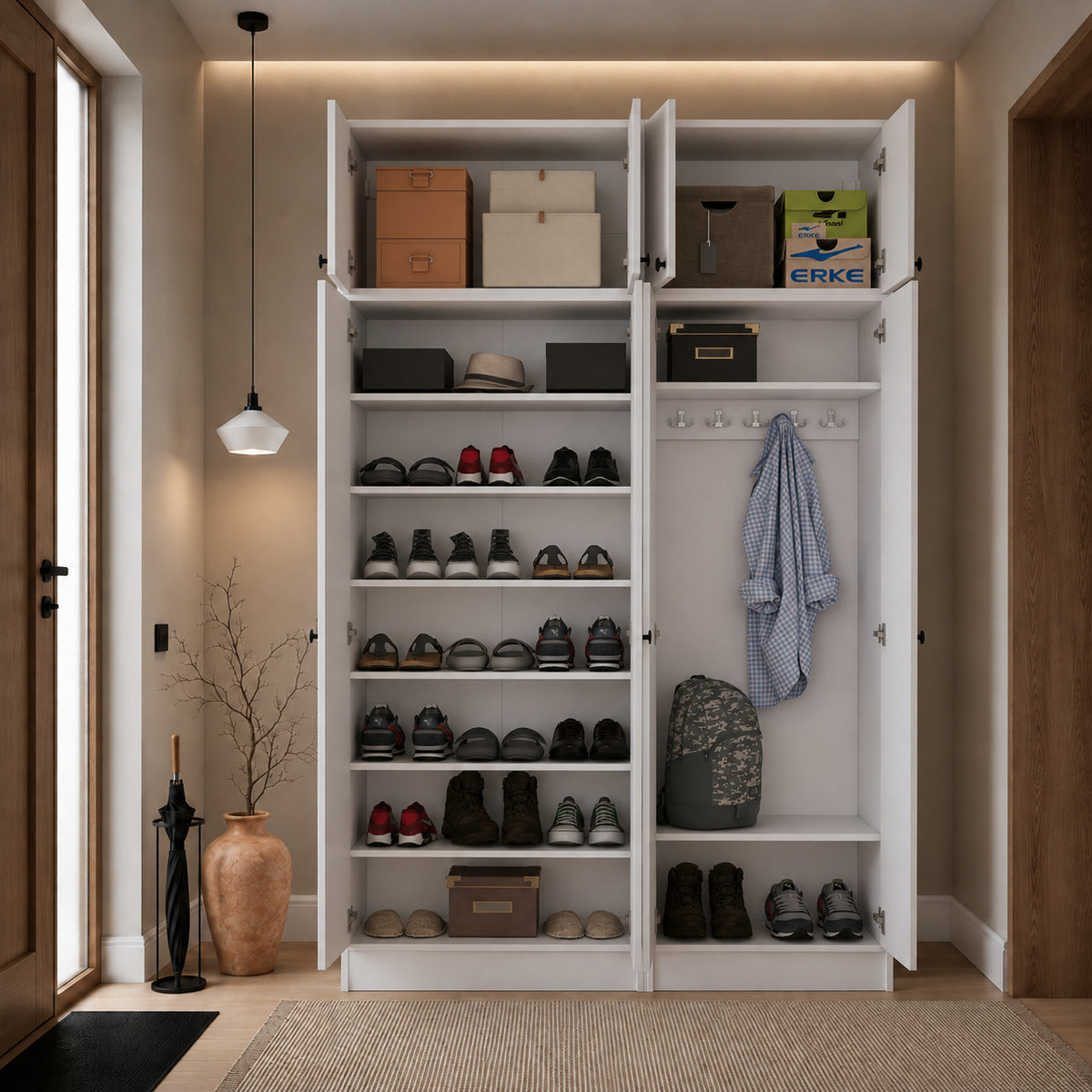Rani EA168 Modern Portmanto 8 Kapaklı Raflı Askılı Ayakkabılık Vestiyer Beyaz