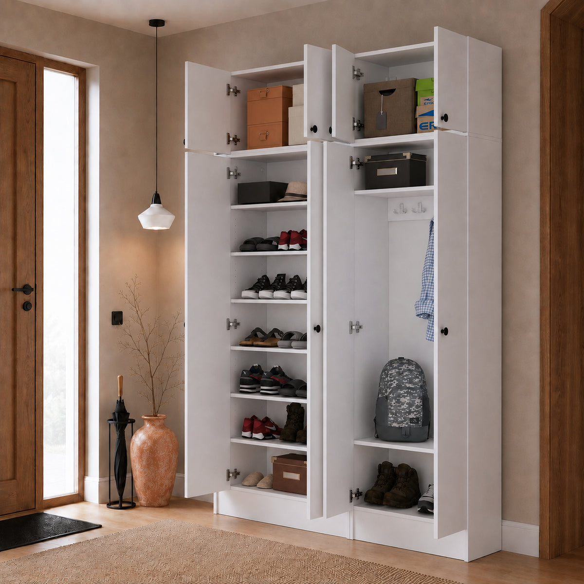Rani EA168 Modern Portmanto 8 Kapaklı Raflı Askılı Ayakkabılık Vestiyer Beyaz