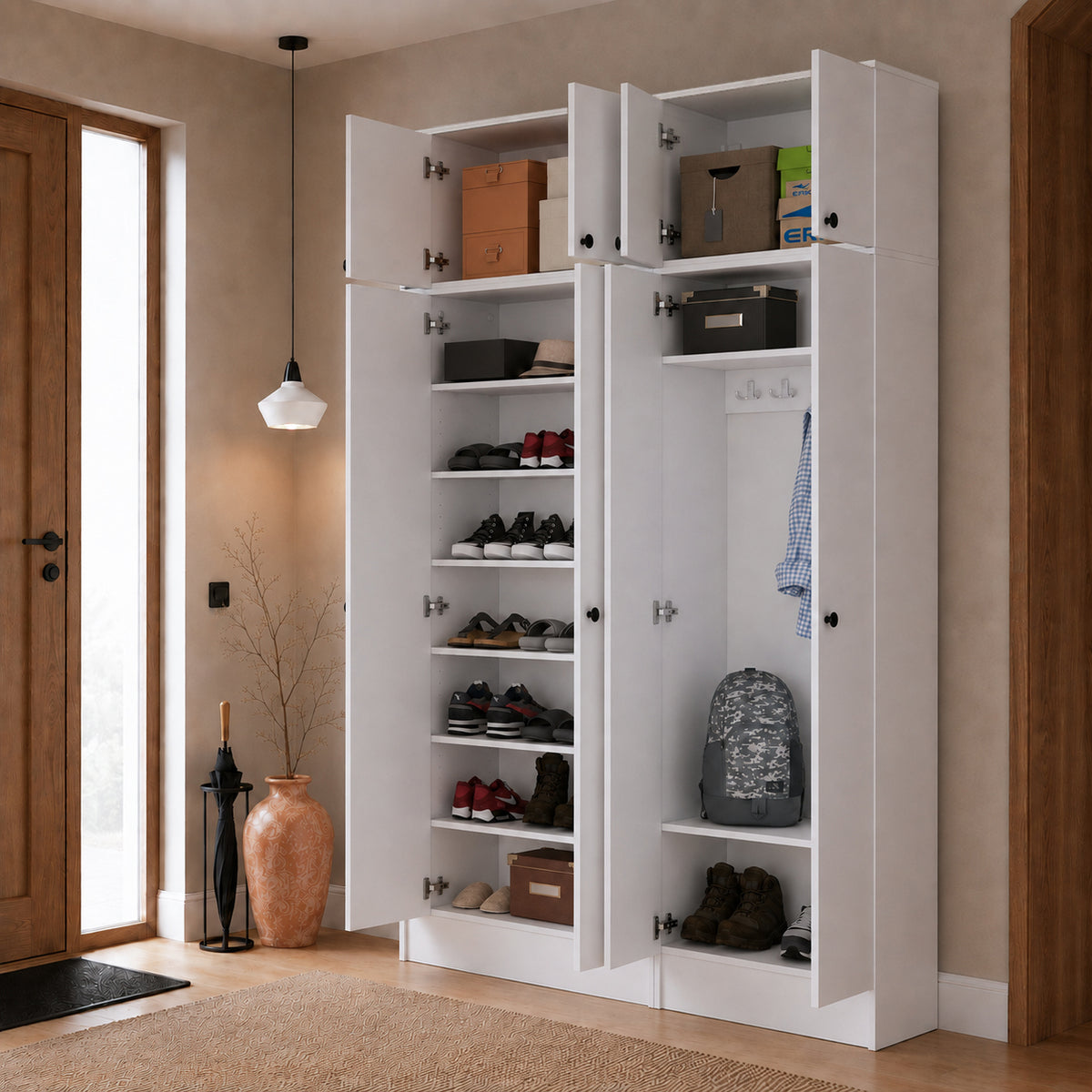 Rani EA168 Modern Portmanto 8 Kapaklı Raflı Askılı Ayakkabılık Vestiyer Beyaz
