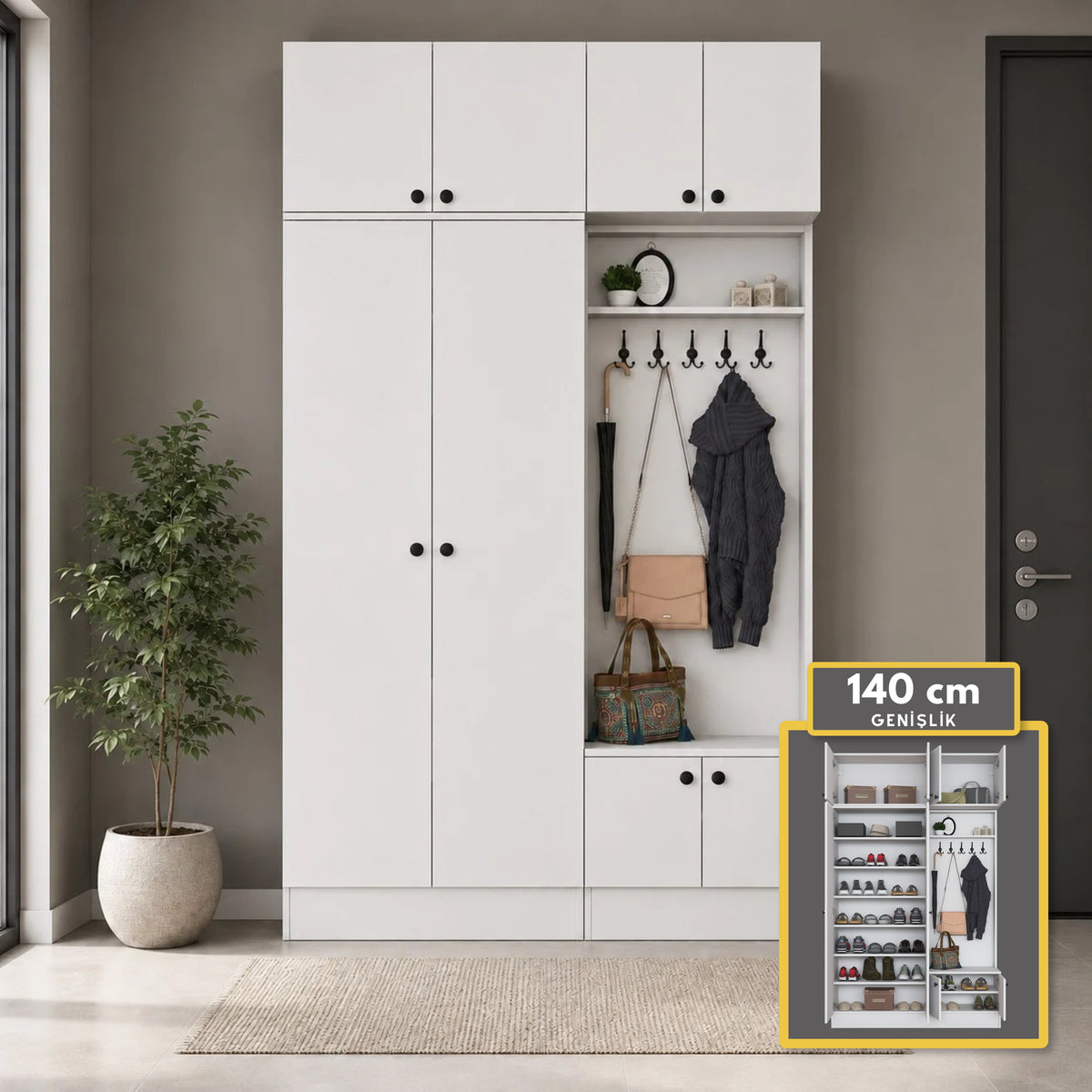 Rani EA170 Modern Portmanto 8 Kapaklı Raflı Askılı Ayakkabılık Vestiyer Beyaz