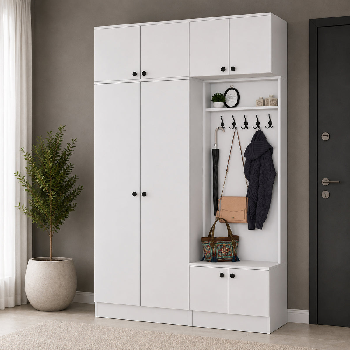 Rani EA170 Modern Portmanto 8 Kapaklı Raflı Askılı Ayakkabılık Vestiyer Beyaz