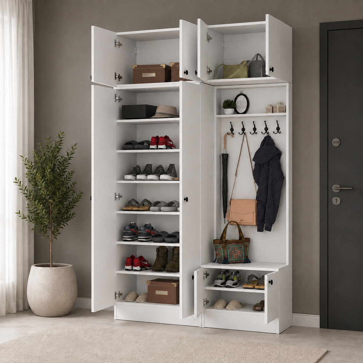 Rani EA170 Modern Portmanto 8 Kapaklı Raflı Askılı Ayakkabılık Vestiyer Beyaz