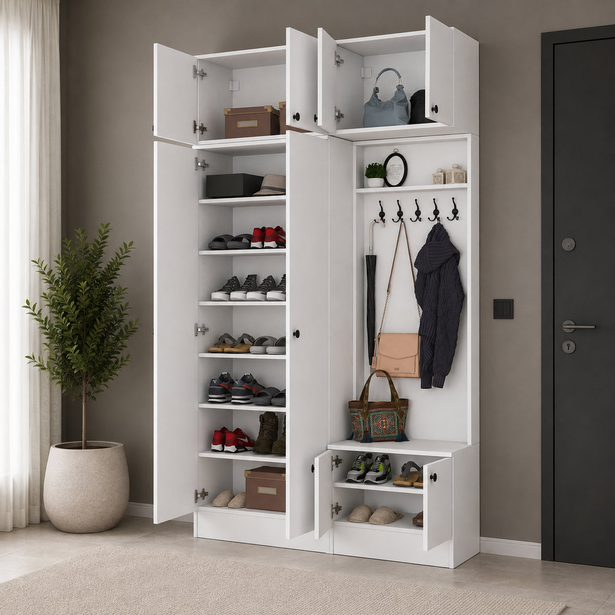 Rani EA170 Modern Portmanto 8 Kapaklı Raflı Askılı Ayakkabılık Vestiyer Beyaz