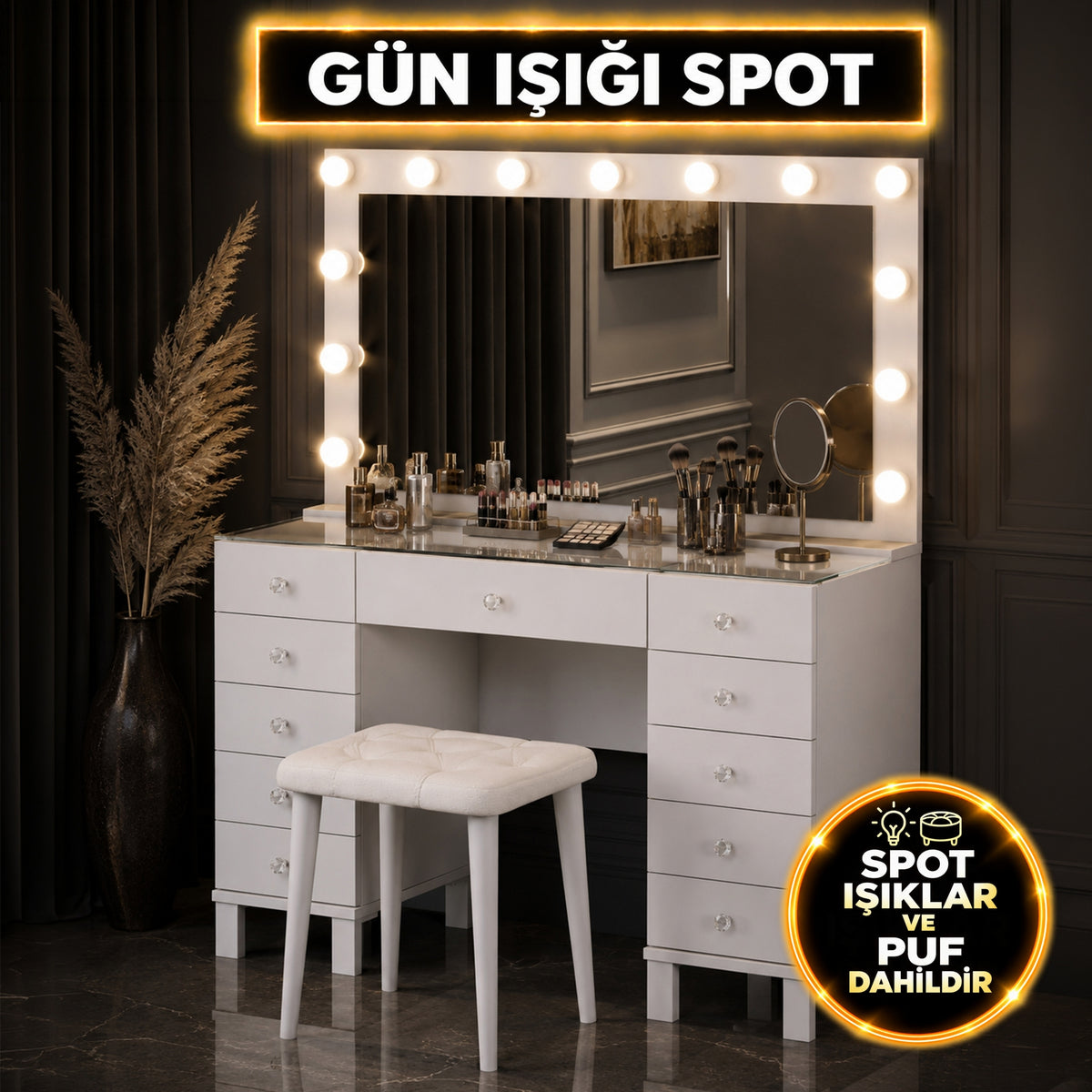 Rani BJ240 Hollywood Işıklı Aynalı Kulis Makyaj Masası Cam Tablalı 11 Çekmeceli Takı Düzenleyici Puf Takım Günışığı