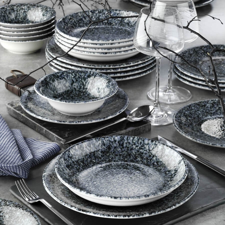 Rani Home Yemek Takımı (24 Parça) Kütahya Porselen Siyah - Mavi - Beyaz HE-6831