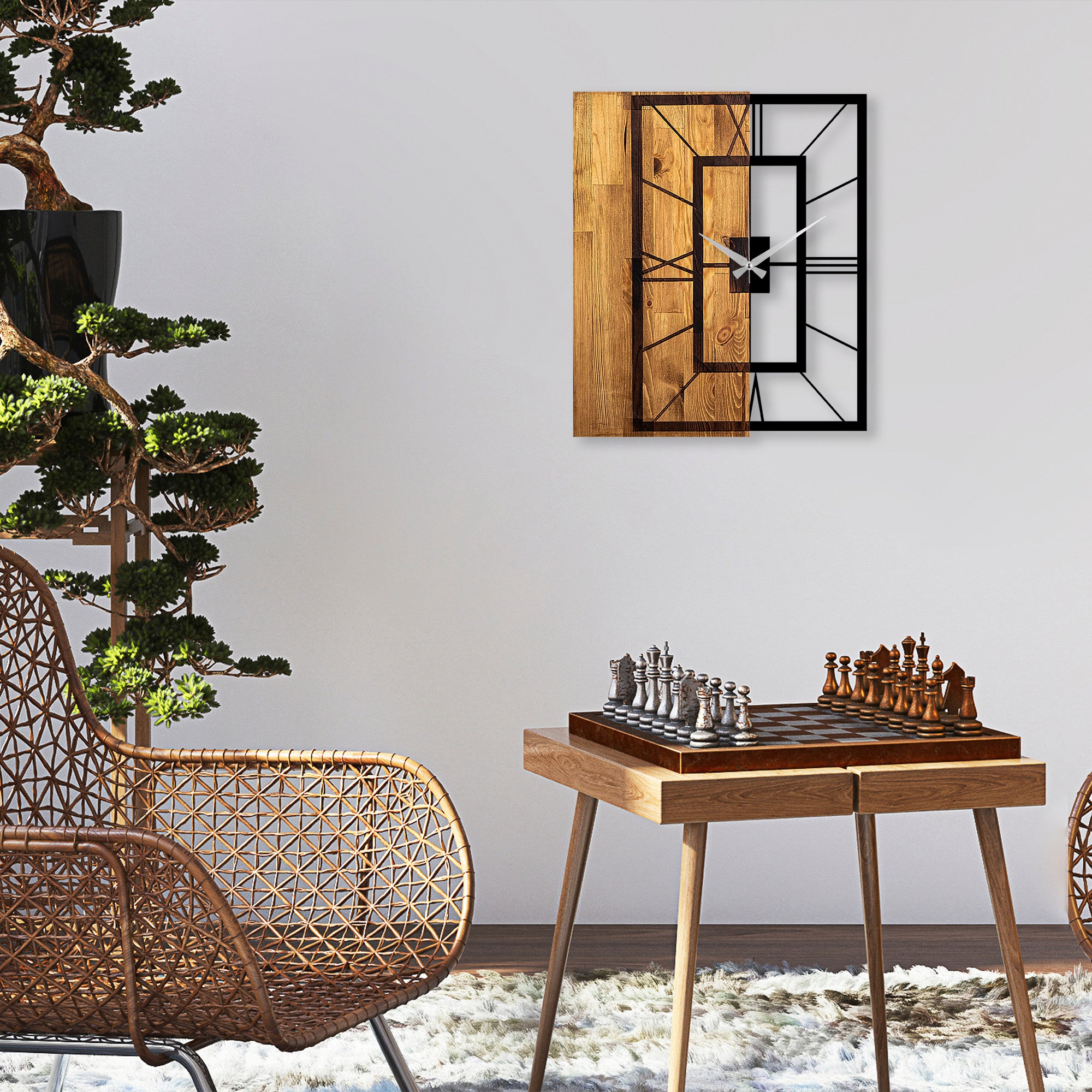 Rani Home Dekoratif Ahşap Duvar Saati Açık Ceviz - Siyah AB-5890