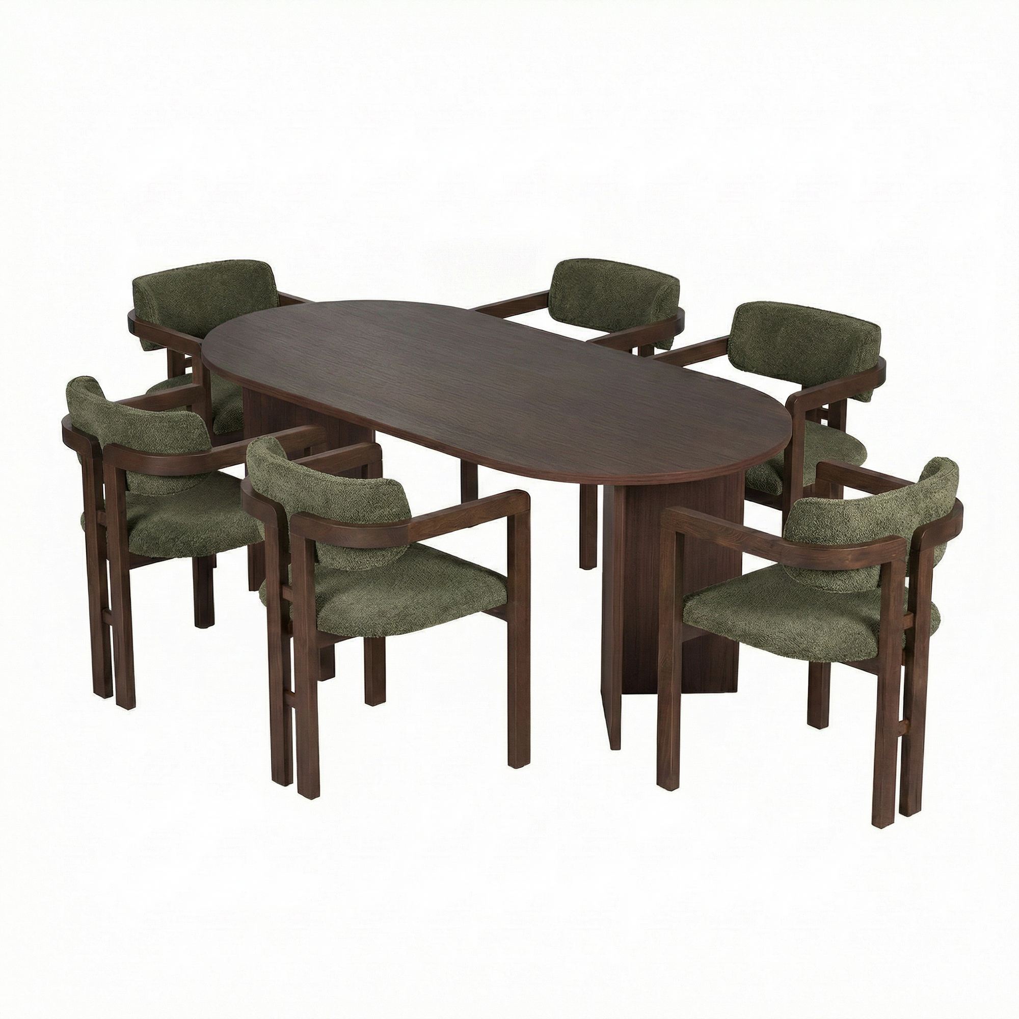 Rani Home Yemek Masası Takımı Milano Ceviz Masa Ceviz Gövdeli Yeşil Kumaşlı Sandalye 180 Cm GE-5826