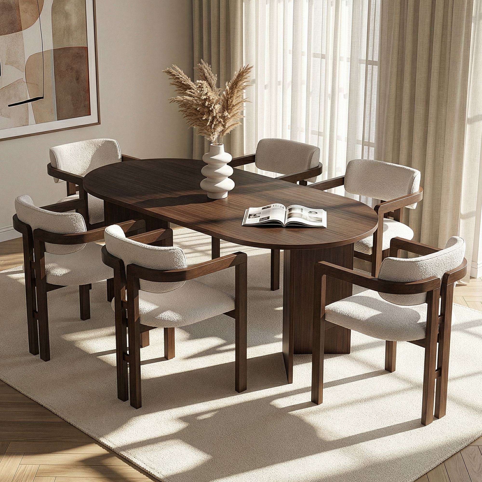 Rani Home Yemek Masası Takımı Milano Ceviz Masa Milano Ceviz Gövdeli Krem Rengi Kumaşlı Sandalye 180 Cm GE-5794