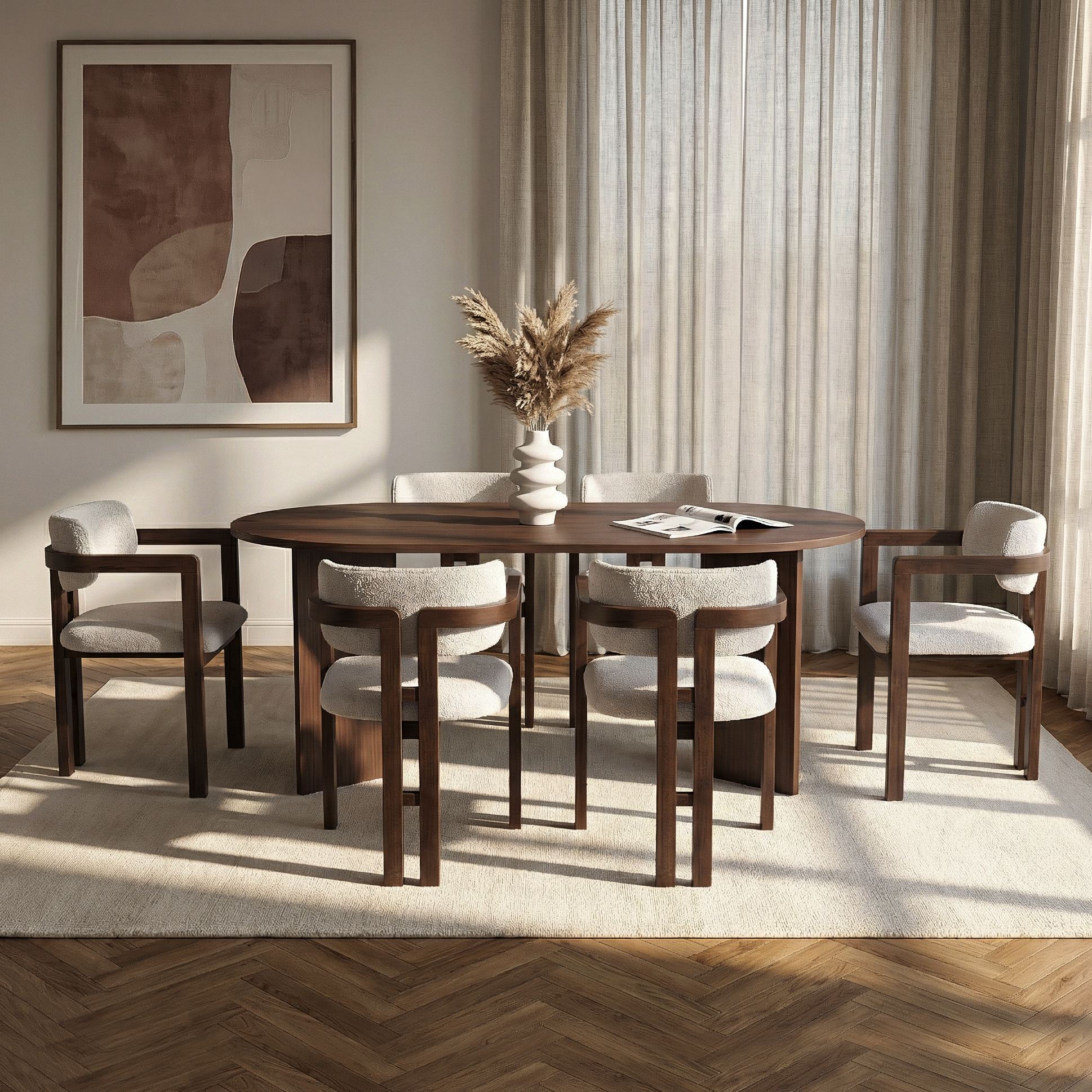Rani Home Yemek Masası Takımı Milano Ceviz Masa Milano Ceviz Gövdeli Krem Rengi Kumaşlı Sandalye 180 Cm GE-5794