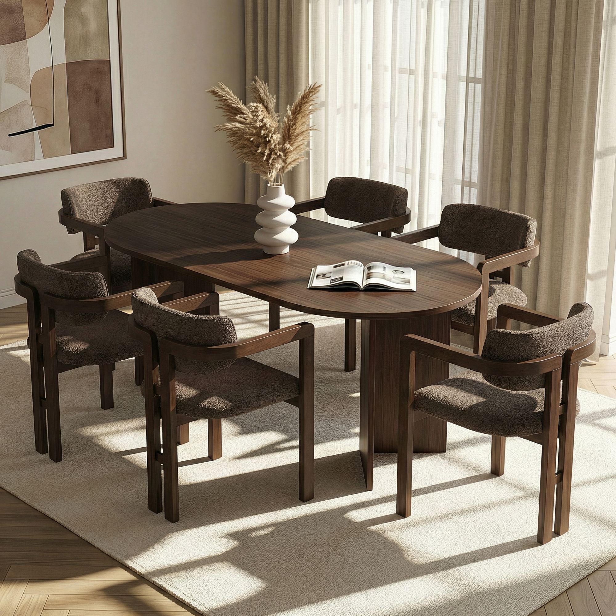 Rani Home Yemek Masası Takımı Milano Ceviz Masa Ceviz Gövdeli Kahverengi Kumaşlı Sandalye 180 Cm GE-5822