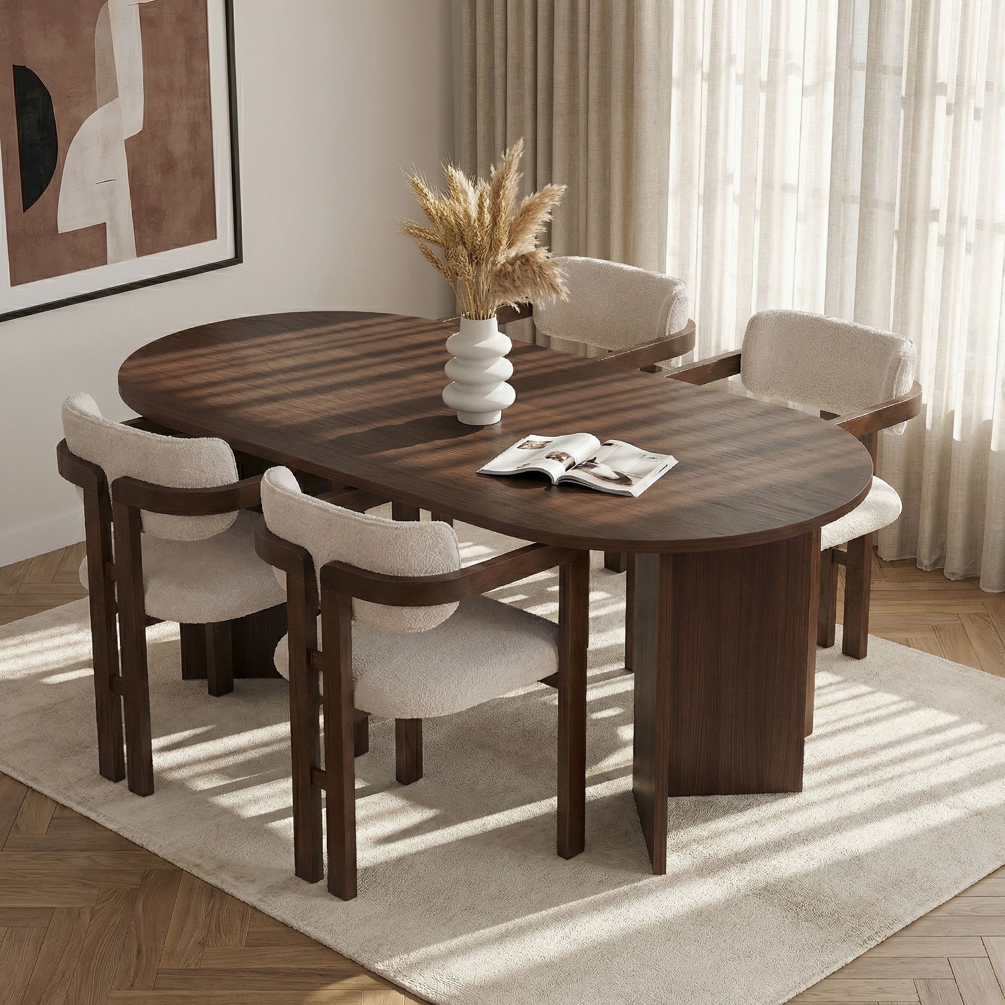 Rani Home Yemek Masası Takımı Milano Ceviz Masa Milano Ceviz Gövdeli Beyaz Kumaşlı Sandalye 180 Cm GE-5798