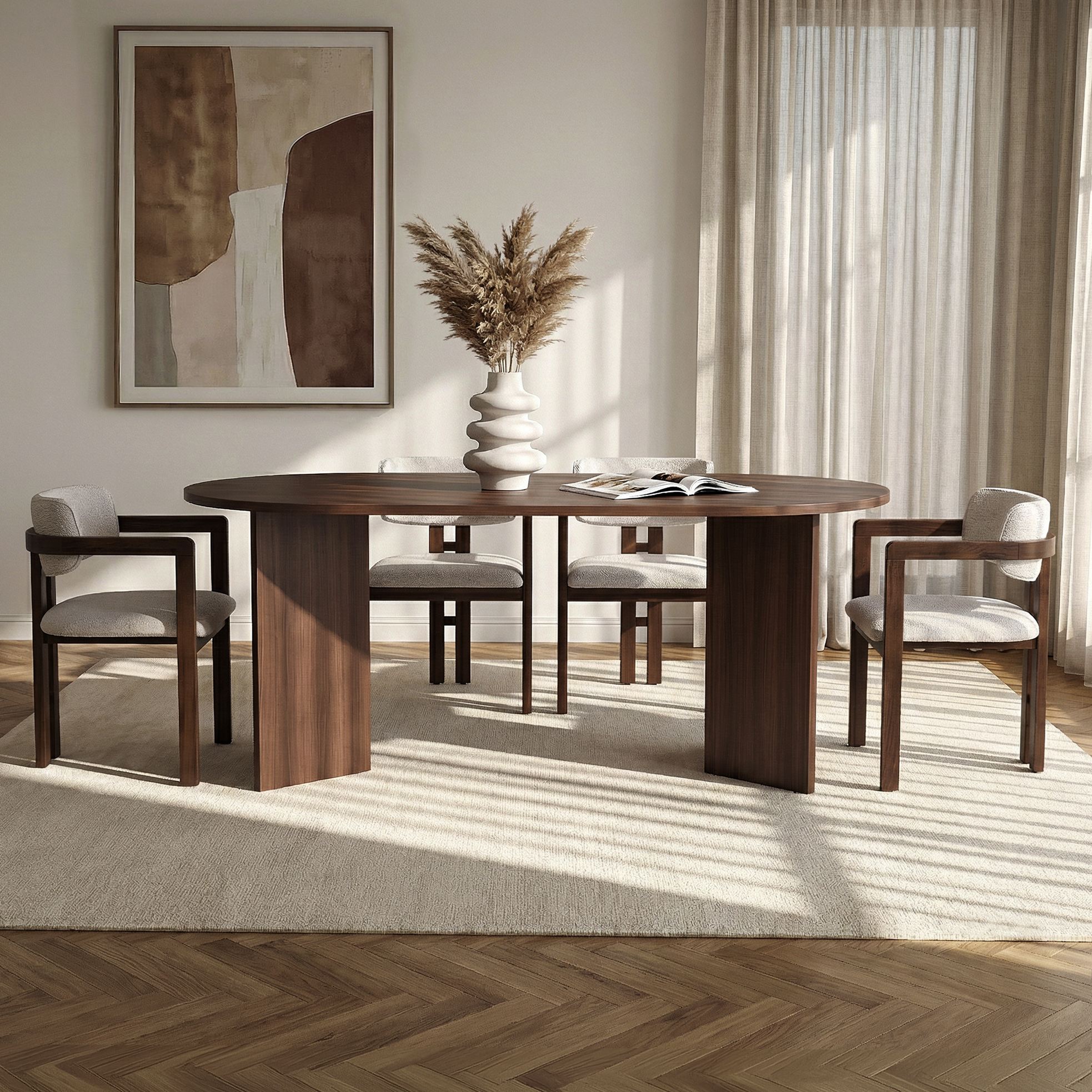 Rani Home Yemek Masası Takımı Milano Ceviz Masa Milano Ceviz Gövdeli Beyaz Kumaşlı Sandalye 180 Cm GE-5798