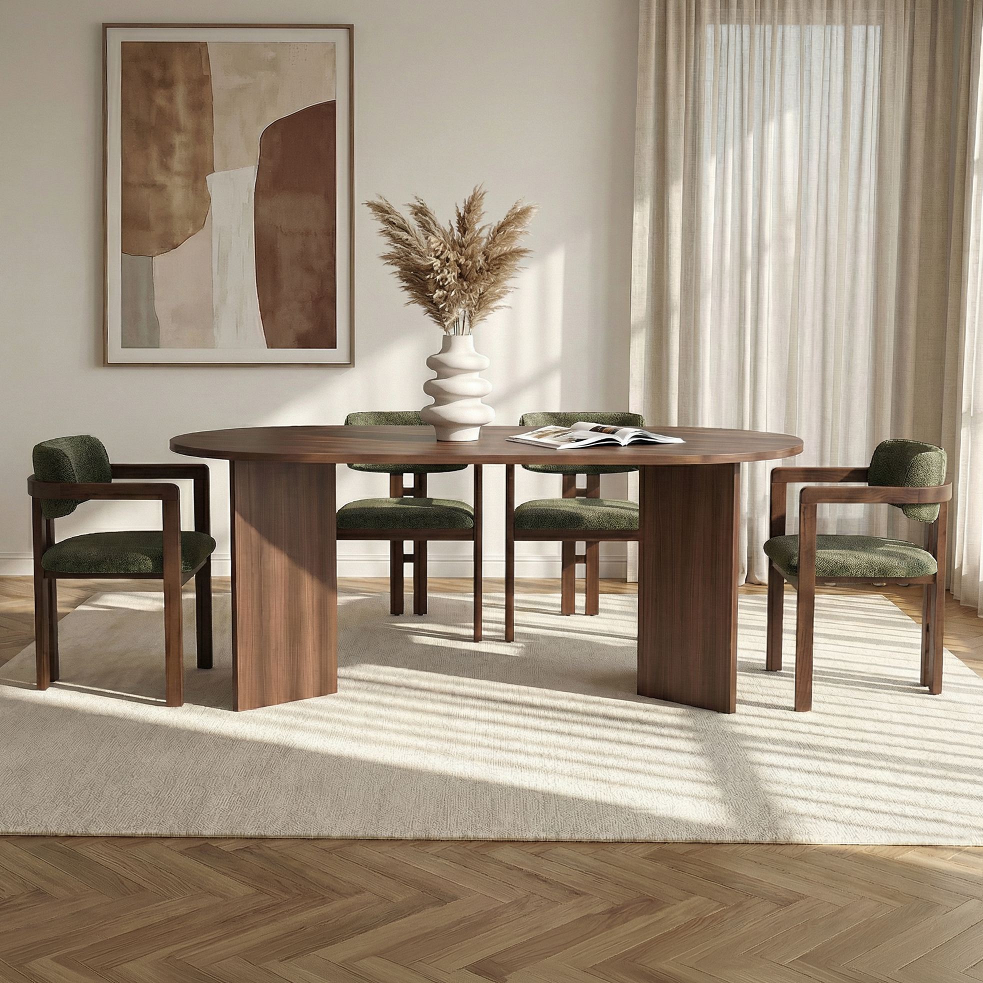 Rani Home Yemek Masası Takımı Milano Ceviz Masa Milano Ceviz Gövdeli Yeşil Kumaşlı Sandalye 180 Cm GE-5807