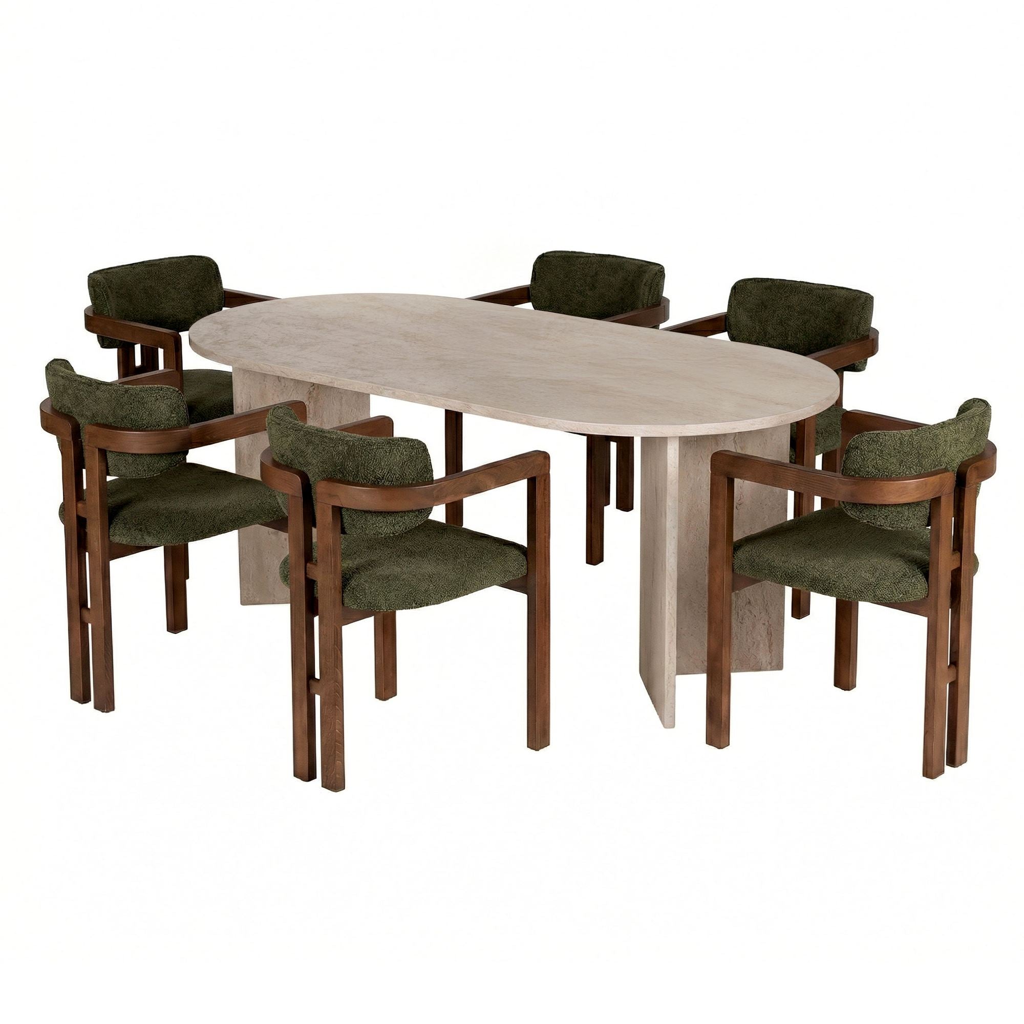 Rani Home Yemek Masası Takımı Traverten Masa Ceviz Gövdeli Yeşil Kumaşlı Sandalye 180 Cm GE-5828