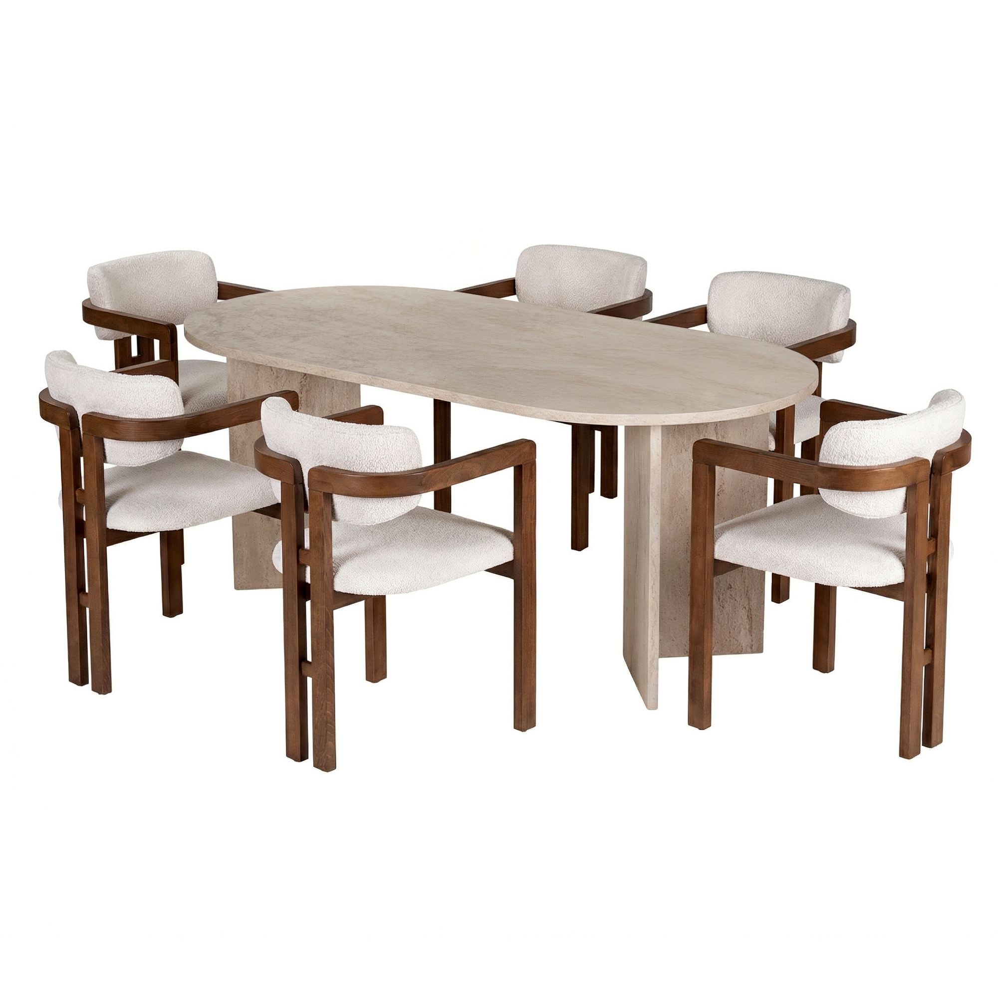 Rani Home Yemek Masası Takımı Traverten Masa Ceviz Gövdeli Beyaz Kumaşlı Sandalye 180 Cm GE-5820