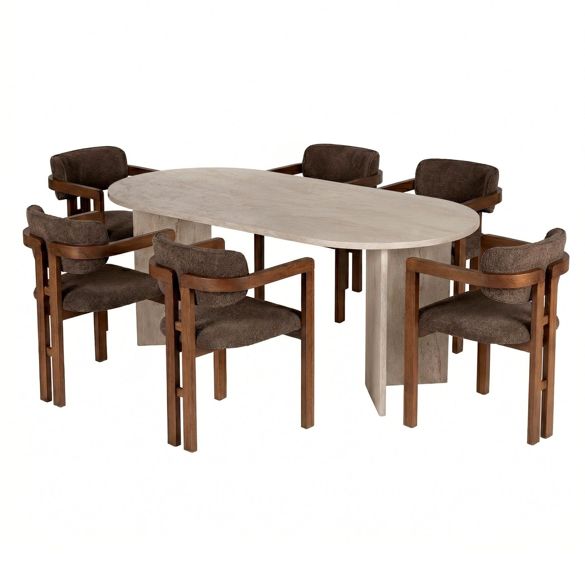 Rani Home Yemek Masası Takımı Traverten Masa Ceviz Gövdeli Kahverengi Kumaşlı Sandalye 180 Cm GE-5822