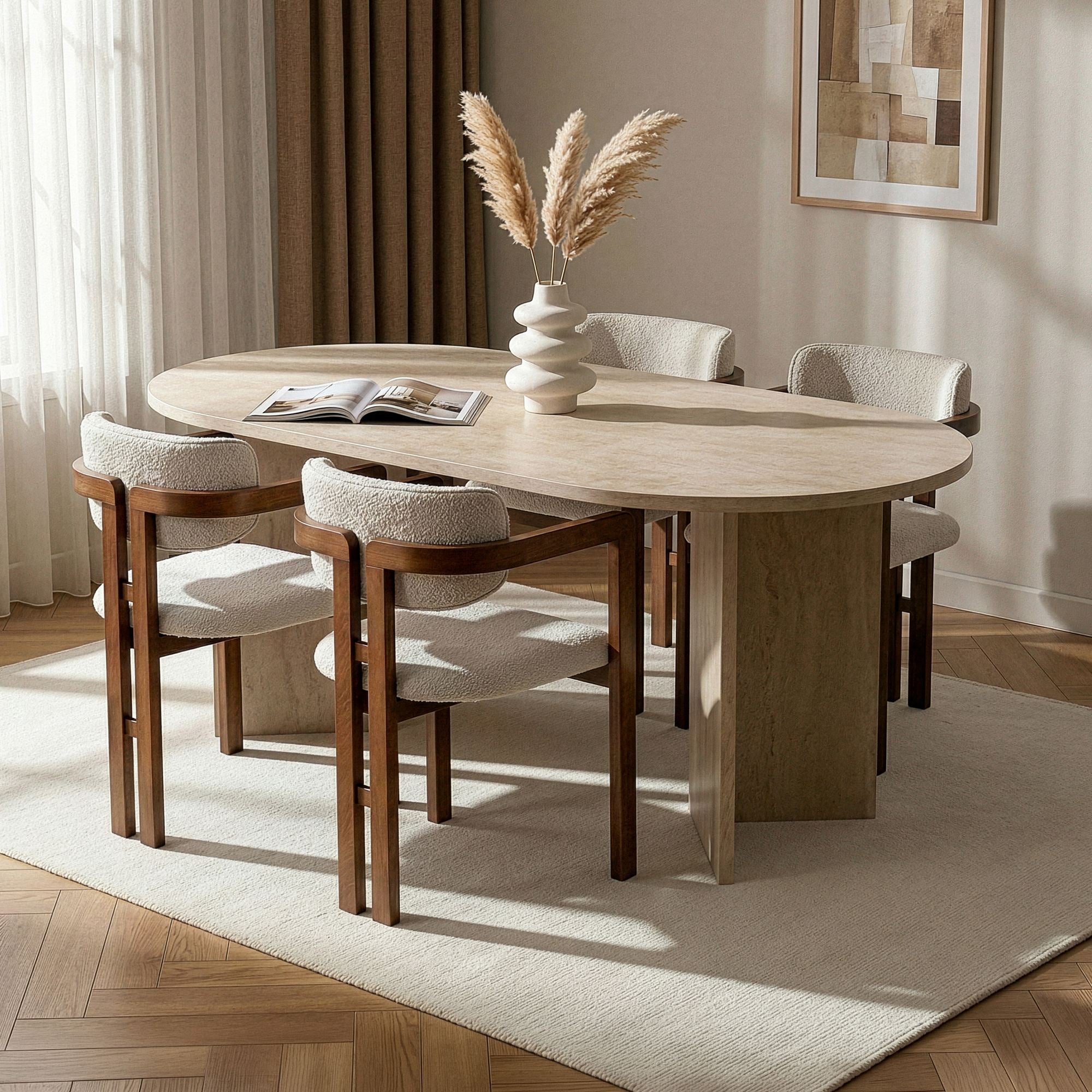 Rani Home Yemek Masası Takımı Milano Ceviz Masa Milano Ceviz Gövdeli Beyaz Kumaşlı Sandalye 180 Cm GE-5802