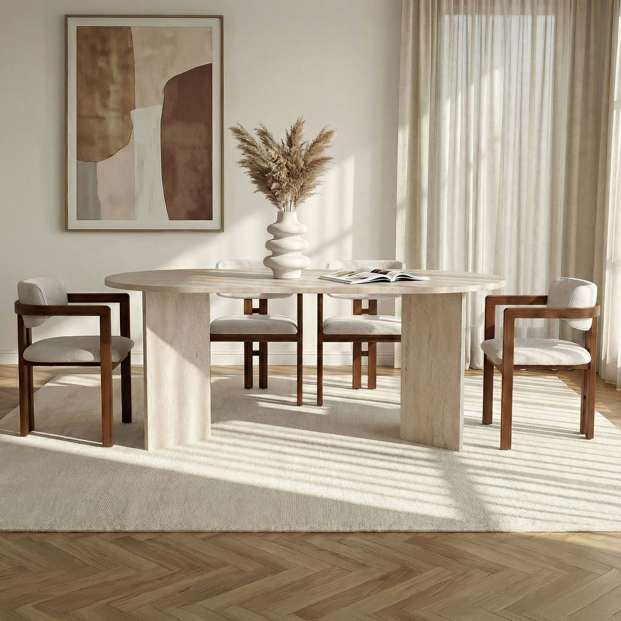 Rani Home Yemek Masası Takımı Milano Ceviz Masa Milano Ceviz Gövdeli Beyaz Kumaşlı Sandalye 180 Cm GE-5802