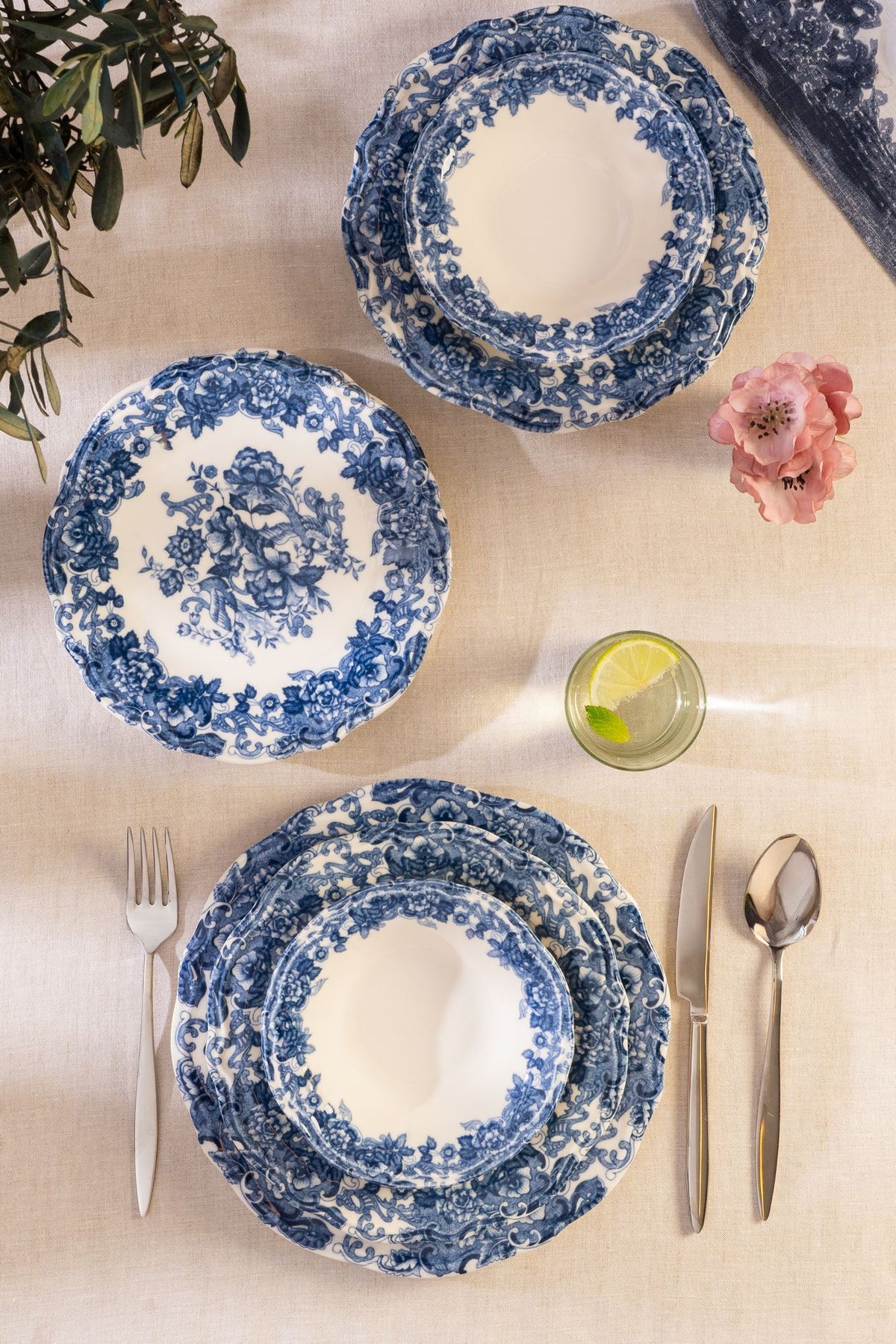 Rani Home Yemek Takımı (24 Parça) Hermia Beyaz - Mavi HE-6814