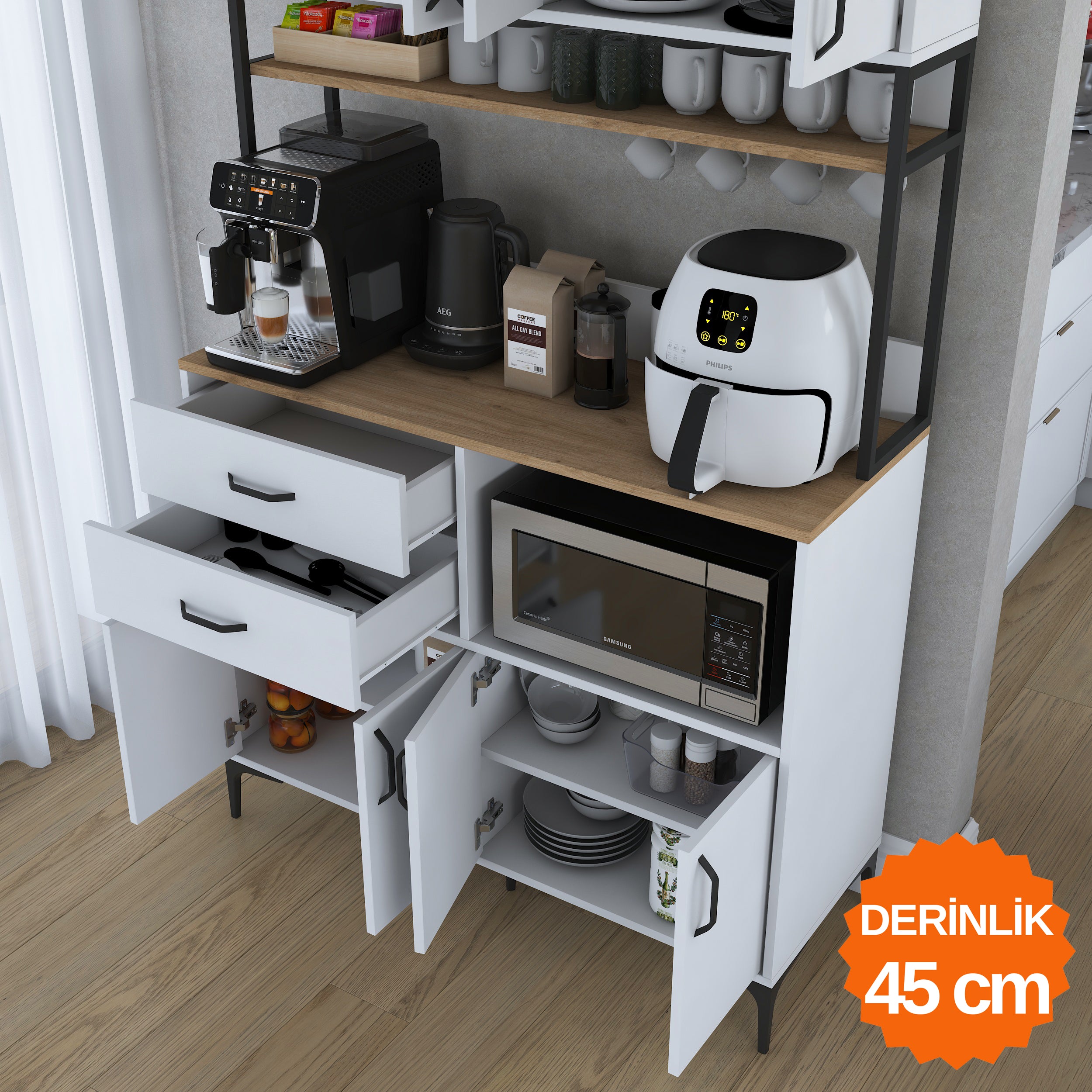 Rani JE209 Çok Amaçlı Dolap 8 Kapaklı 2 Çekmeceli Raflı Kiler Mutfak Dolabı Beyaz - Sepet Ceviz