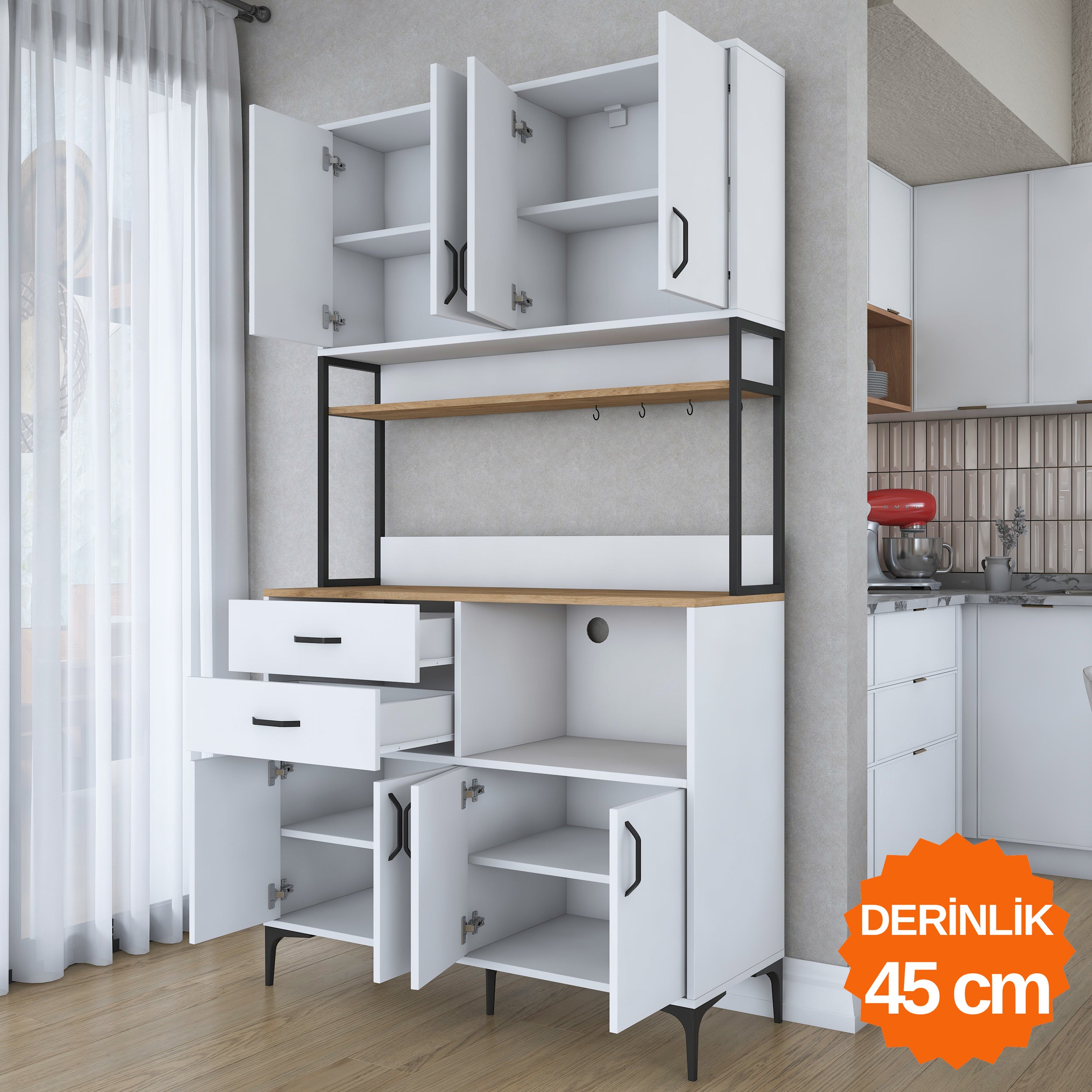 Rani JE209 Çok Amaçlı Dolap 8 Kapaklı 2 Çekmeceli Raflı Kiler Mutfak Dolabı Beyaz - Sepet Ceviz