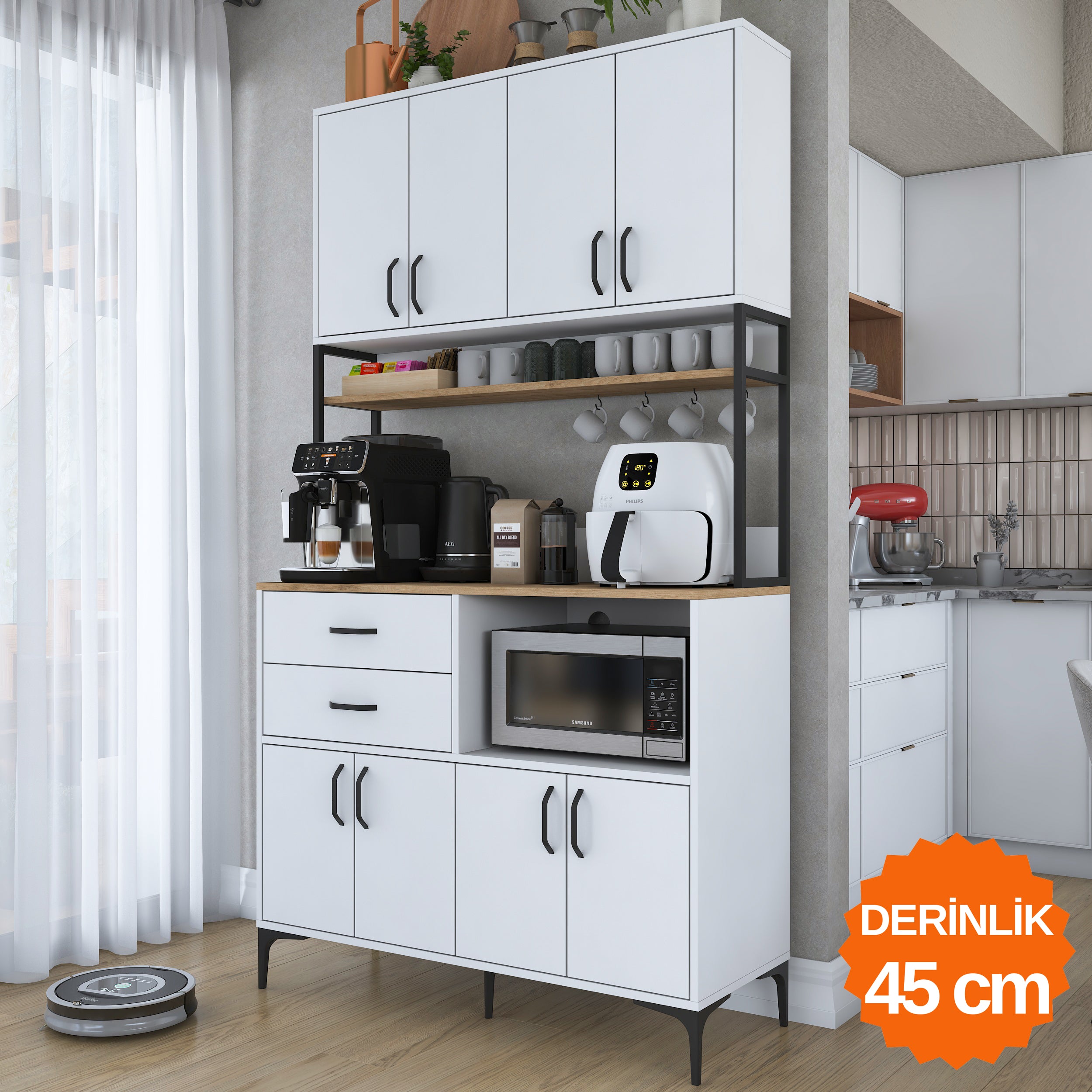 Rani JE209 Çok Amaçlı Dolap 8 Kapaklı 2 Çekmeceli Raflı Kiler Mutfak Dolabı Beyaz - Sepet Ceviz