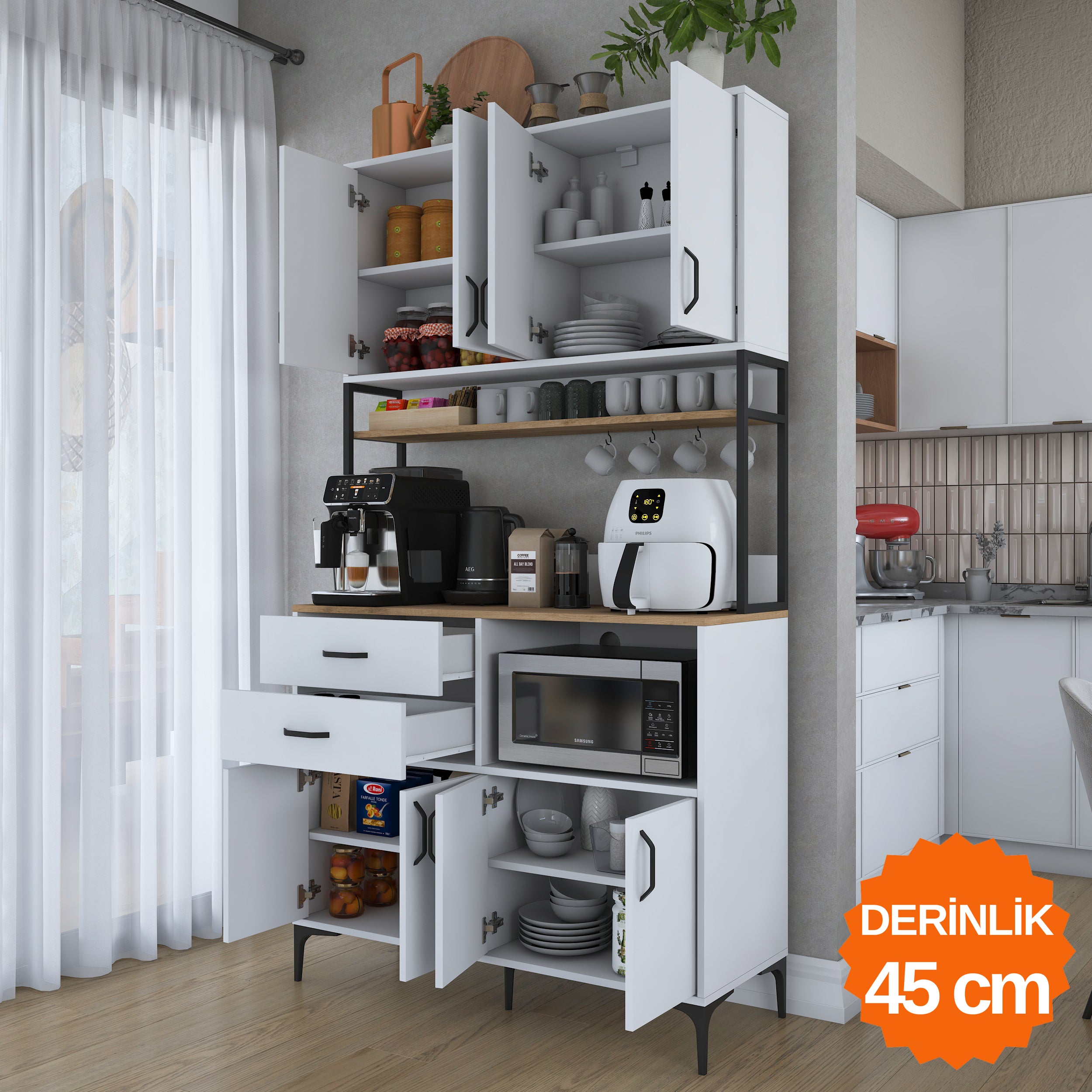 Rani JE209 Çok Amaçlı Dolap 8 Kapaklı 2 Çekmeceli Raflı Kiler Mutfak Dolabı Beyaz - Sepet Ceviz