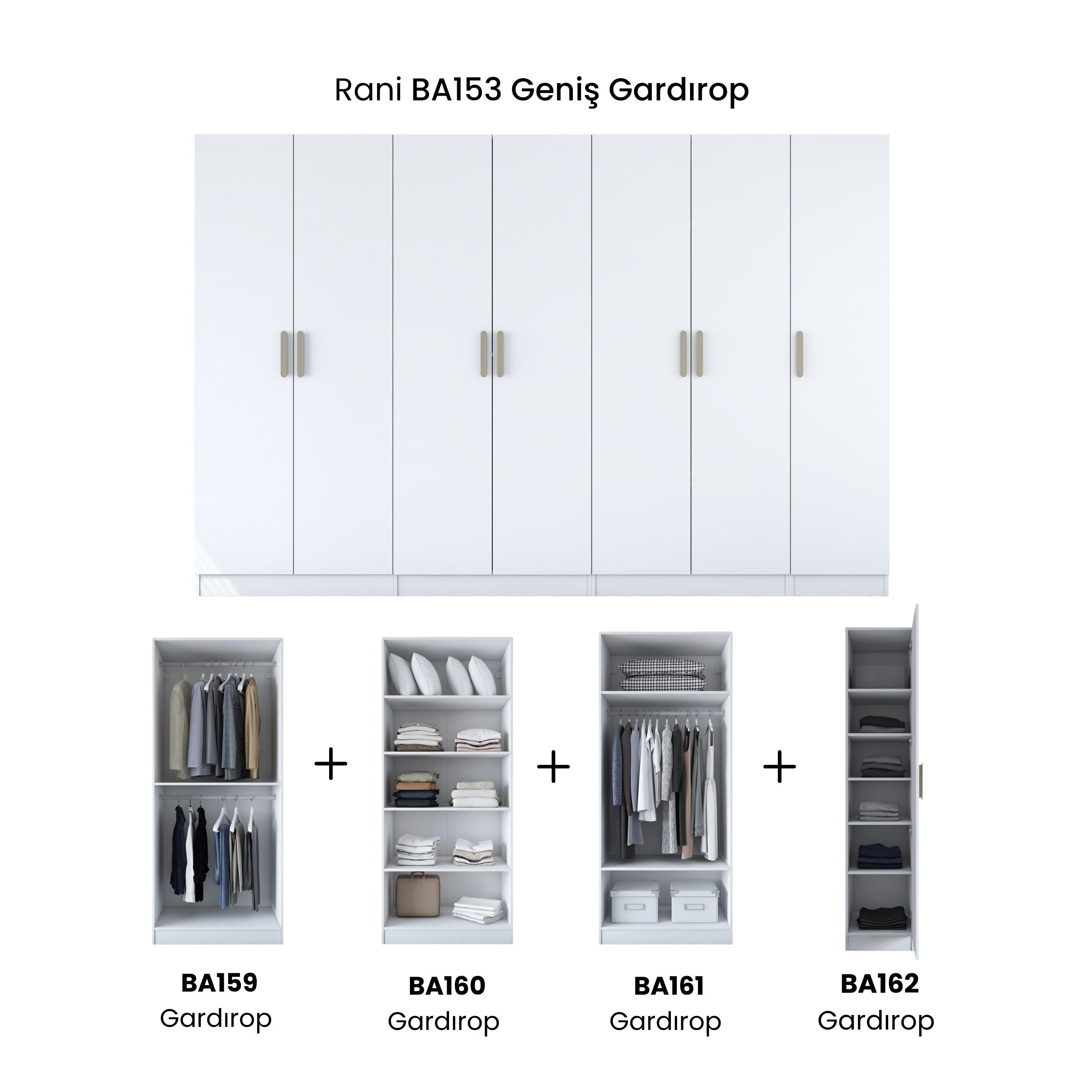 Rani BA153 Geniş Gardırop Elbise Dolabı 7 Kapaklı 12 Raflı 3 Askılı Modüler Dolap Beyaz
