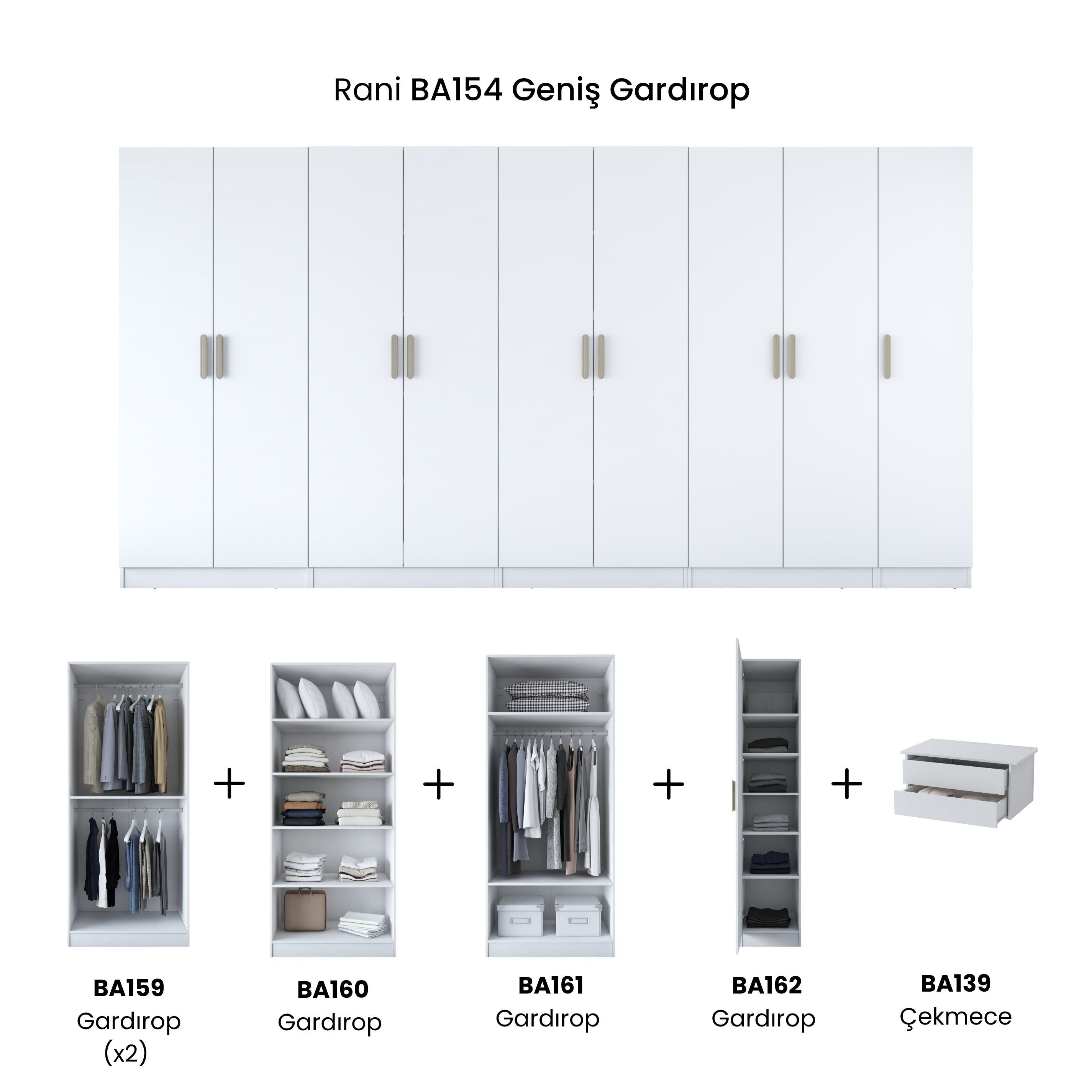 Rani BA154 Geniş Gardırop Elbise Dolabı 9 Kapaklı 2 Çekmeceli 13 Raflı 5 Askılı Modüler Dolap Beyaz