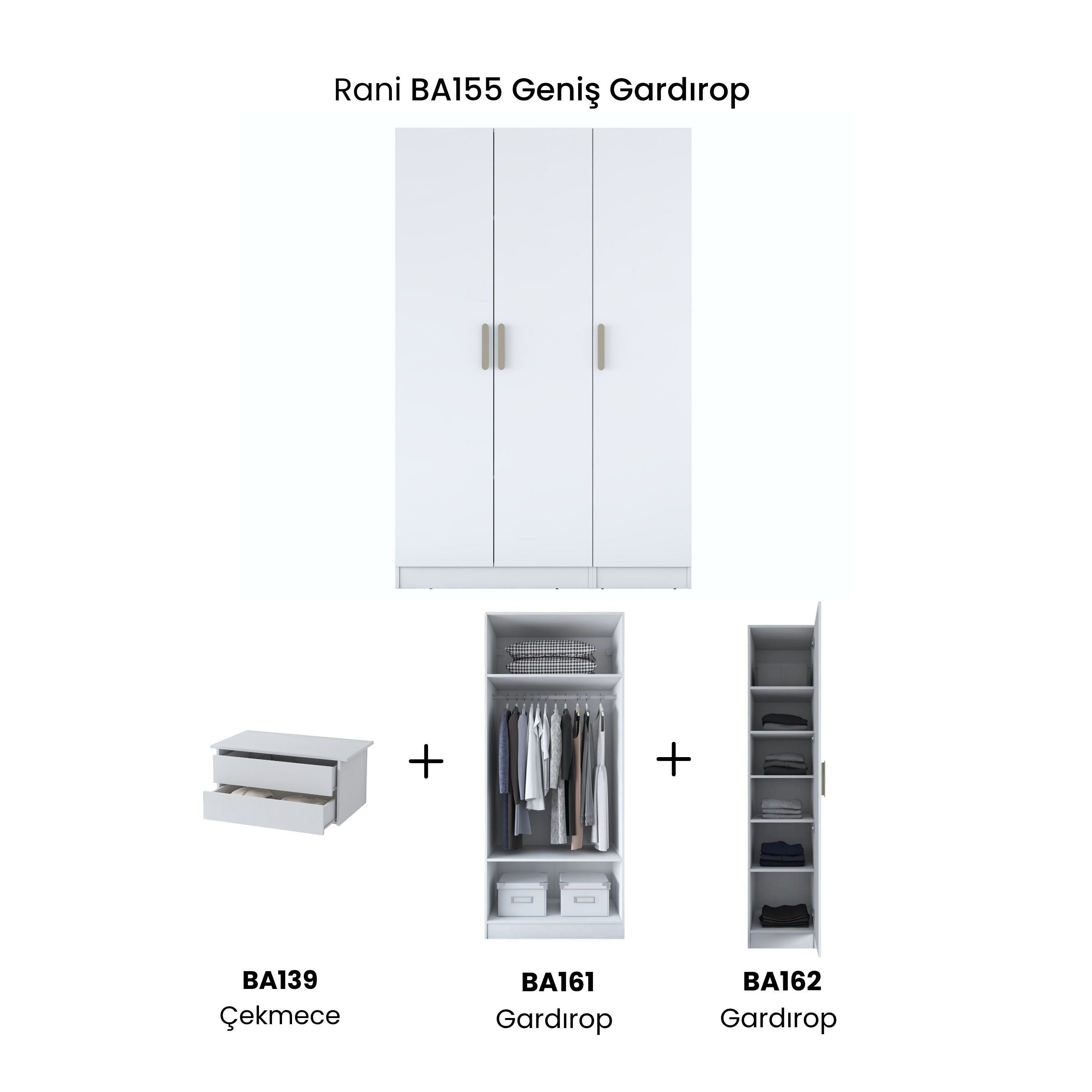 Rani BA155 Modüler Gardırop 3 Kapaklı Raflı Askılı Çekmeceli Elbise Do