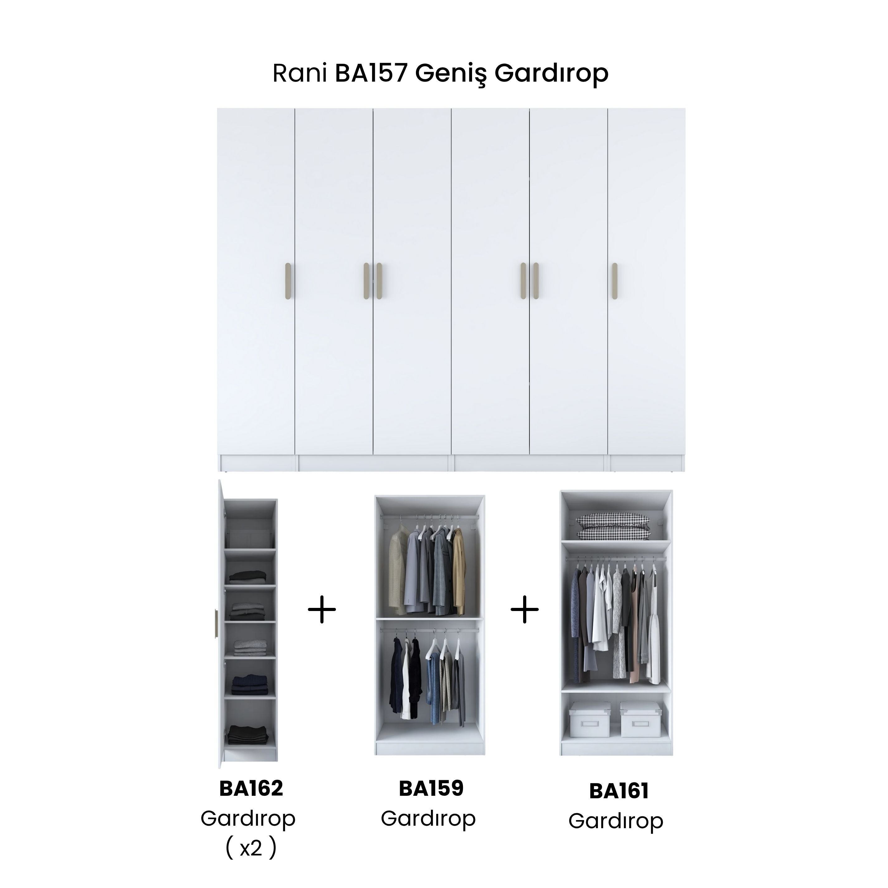 Rani BA157 Geniş Gardırop Elbise Dolabı 6 Kapaklı 13 Raflı 3 Askılı Modüler Dolap Beyaz