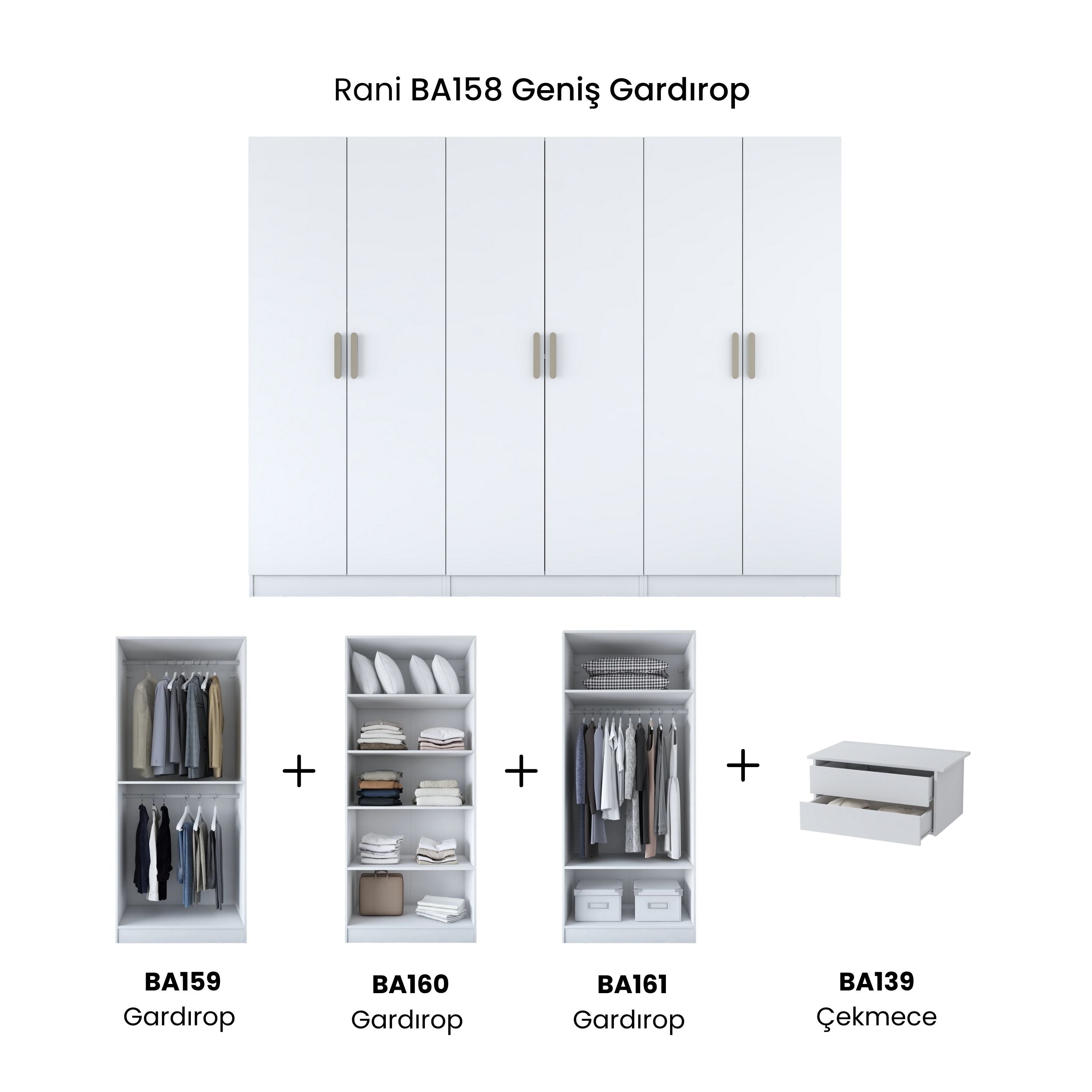 Rani BA158 Geniş Gardırop Elbise Dolabı 6 Kapaklı 2 Çekmeceli 7 Raflı 3 Askılı Modüler Dolap Beyaz